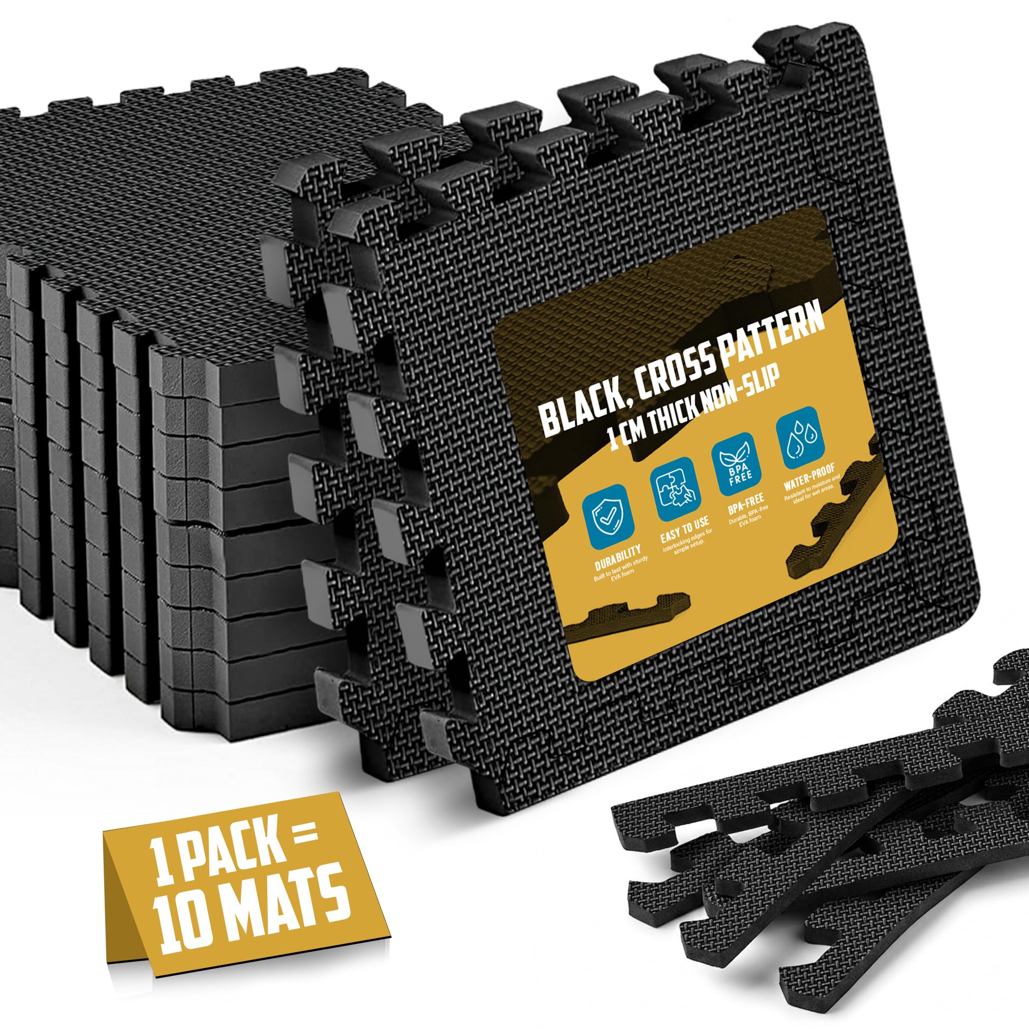 Durable EVA Gym Mats for Home Non-Slip Foam Mats – 1 cm thick Interlocking Floor Mats for Gym Flooring and Garage Floor Tiles (30x30, Pack of 10) (Black, Pack of 1)