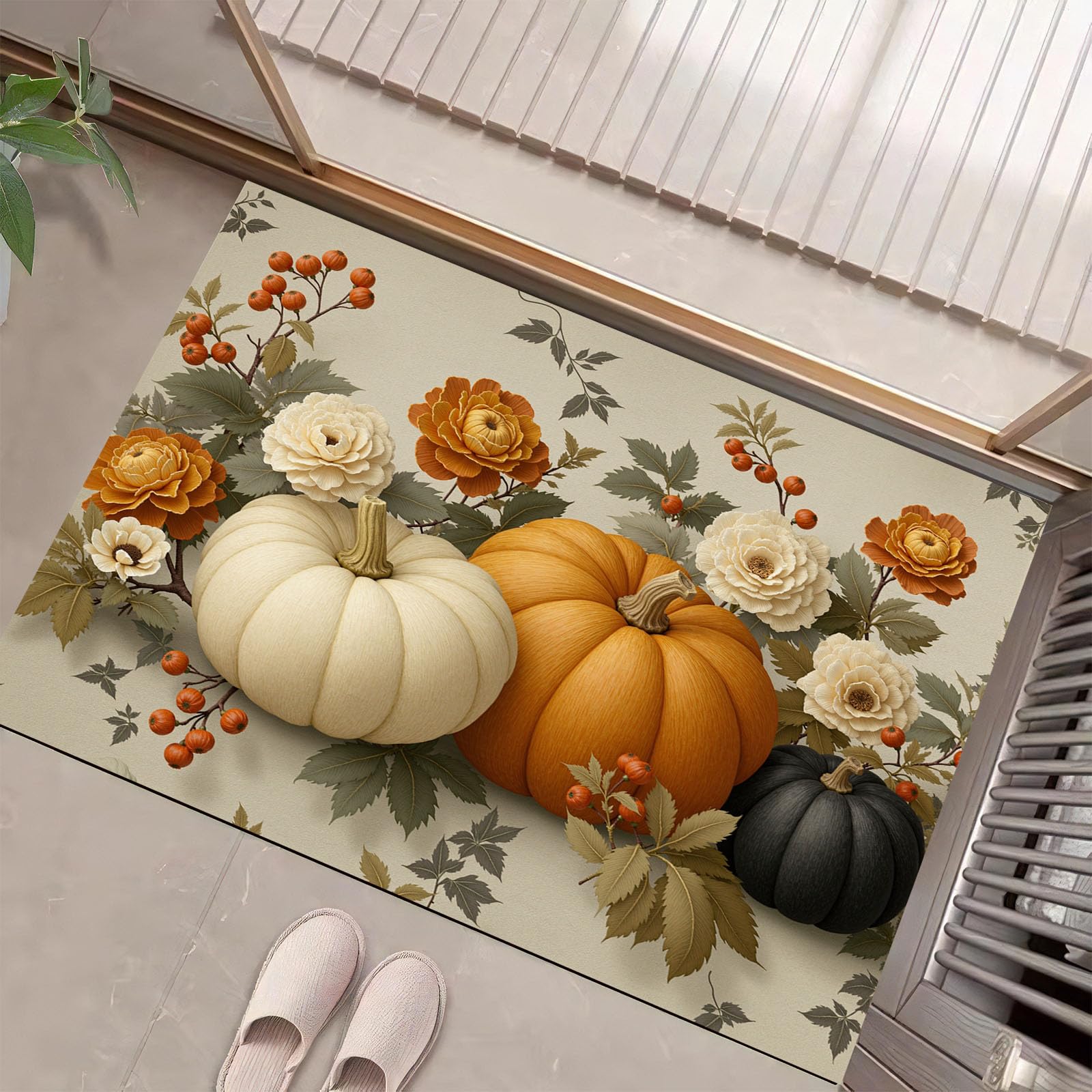 Kürbis Sonnenblume Fußmatte 80 X 120 cm, Ländliche Gegend Anti Rutsch Matte Waschbar Fussmatte | Kürbis Sonnenblumeteppich Für Flur Küche Haustiere - Beige