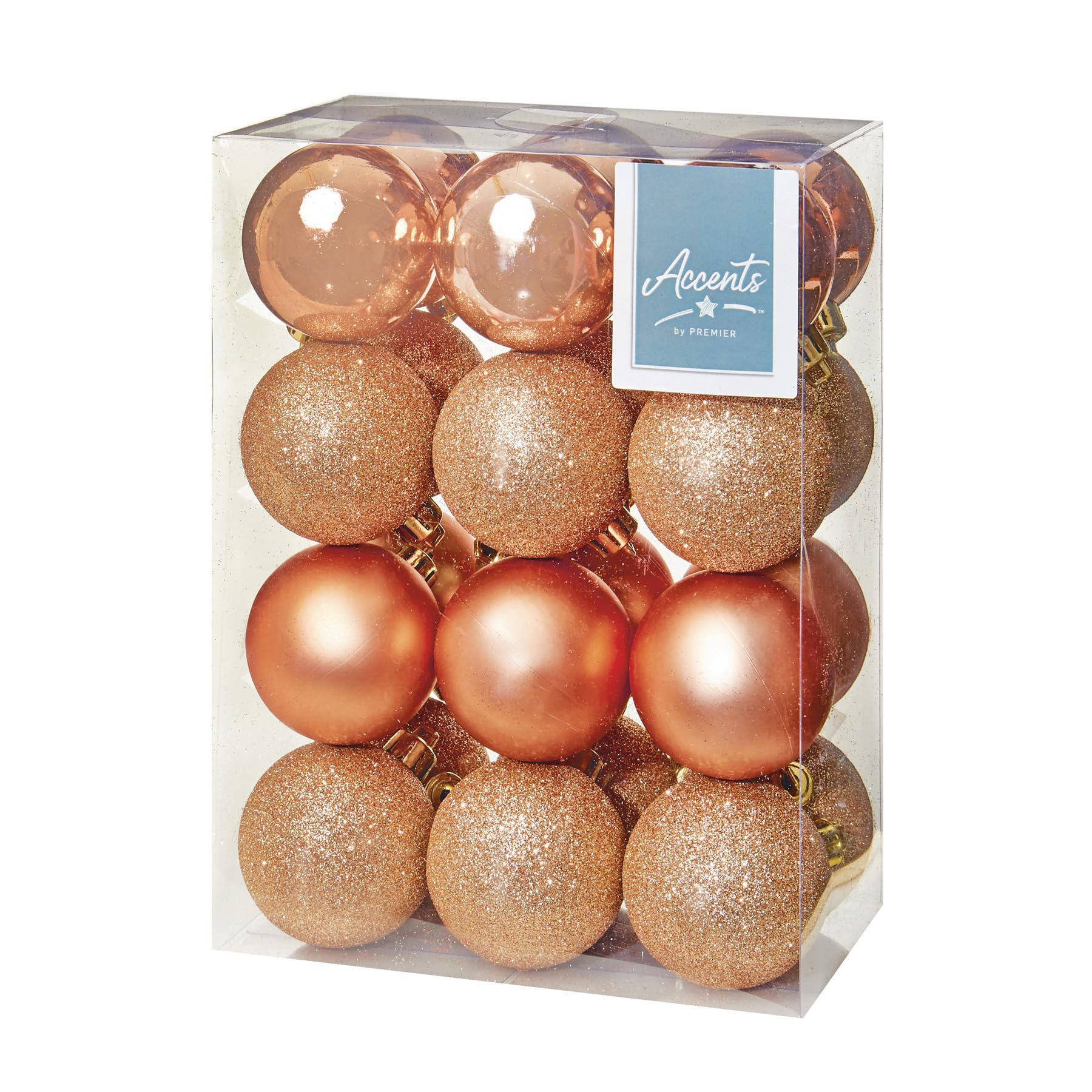 Shatterproof Christmas Baubles 24 Pack 60mm Premier Christmas Tree Decoration, matt, shinny and glitter baubles (Rose Gold 6299)