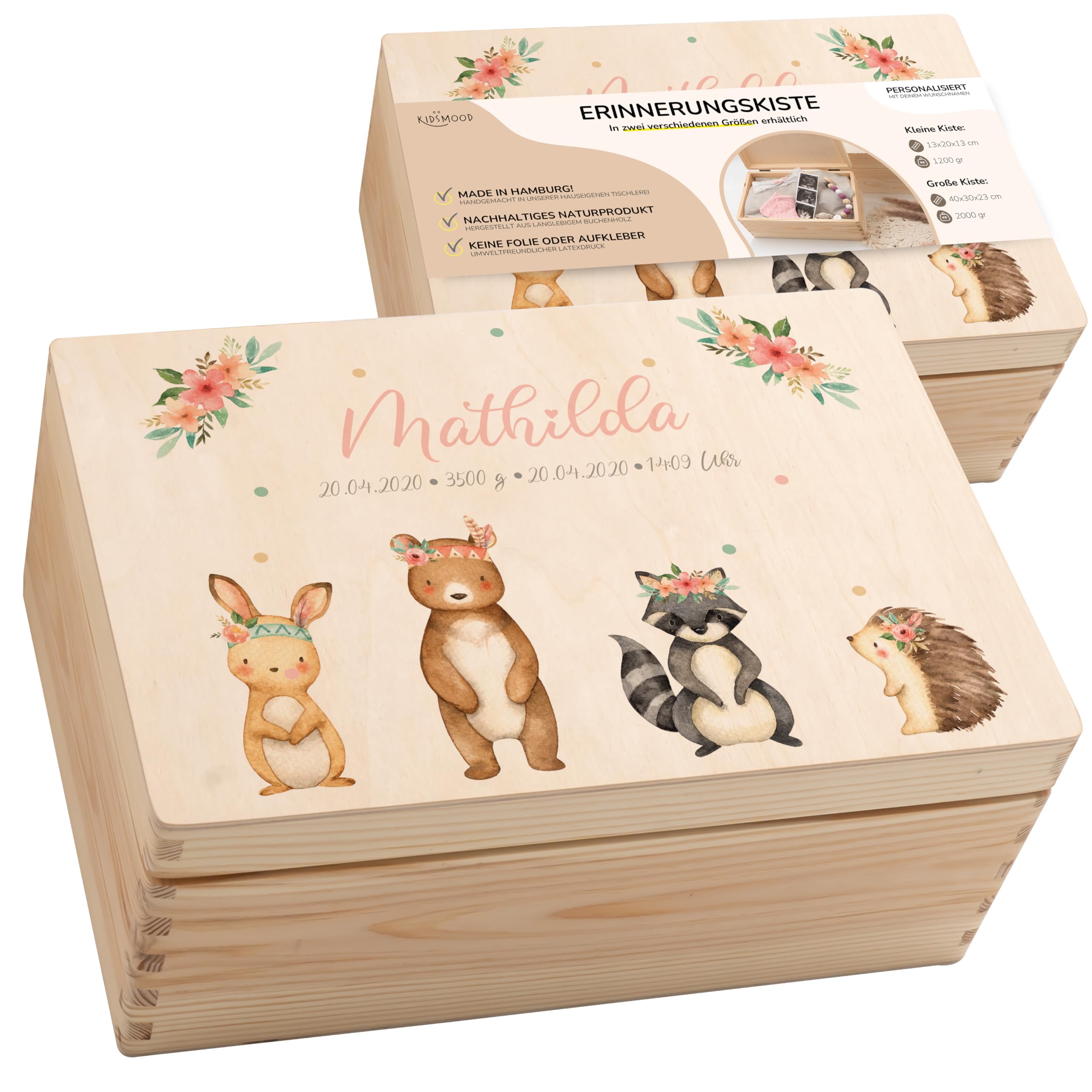 KIDSMOOD - Erinnerungsbox Baby, personalisierte Holzkiste mit Deckel, Ideal zur Aufbewahrung von Erinnerungen und als Geschenk zur Geburt, Taufe oder als Geburtstagsgeschenk für Mädchen und Jungen