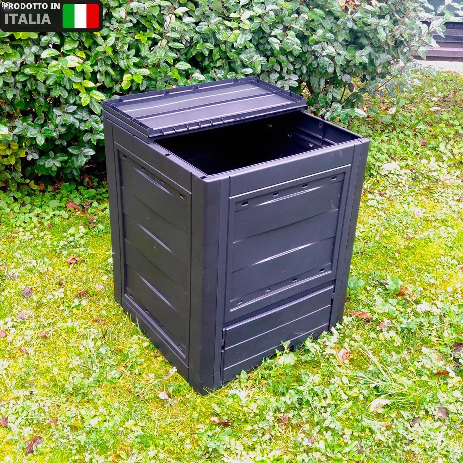 Avilia Contenitore per Compostaggio da Giardino - Compostiera con Accesso Frontale, in Polipropilene, 260L, 60x60x73cm, Nera, Made in Italy