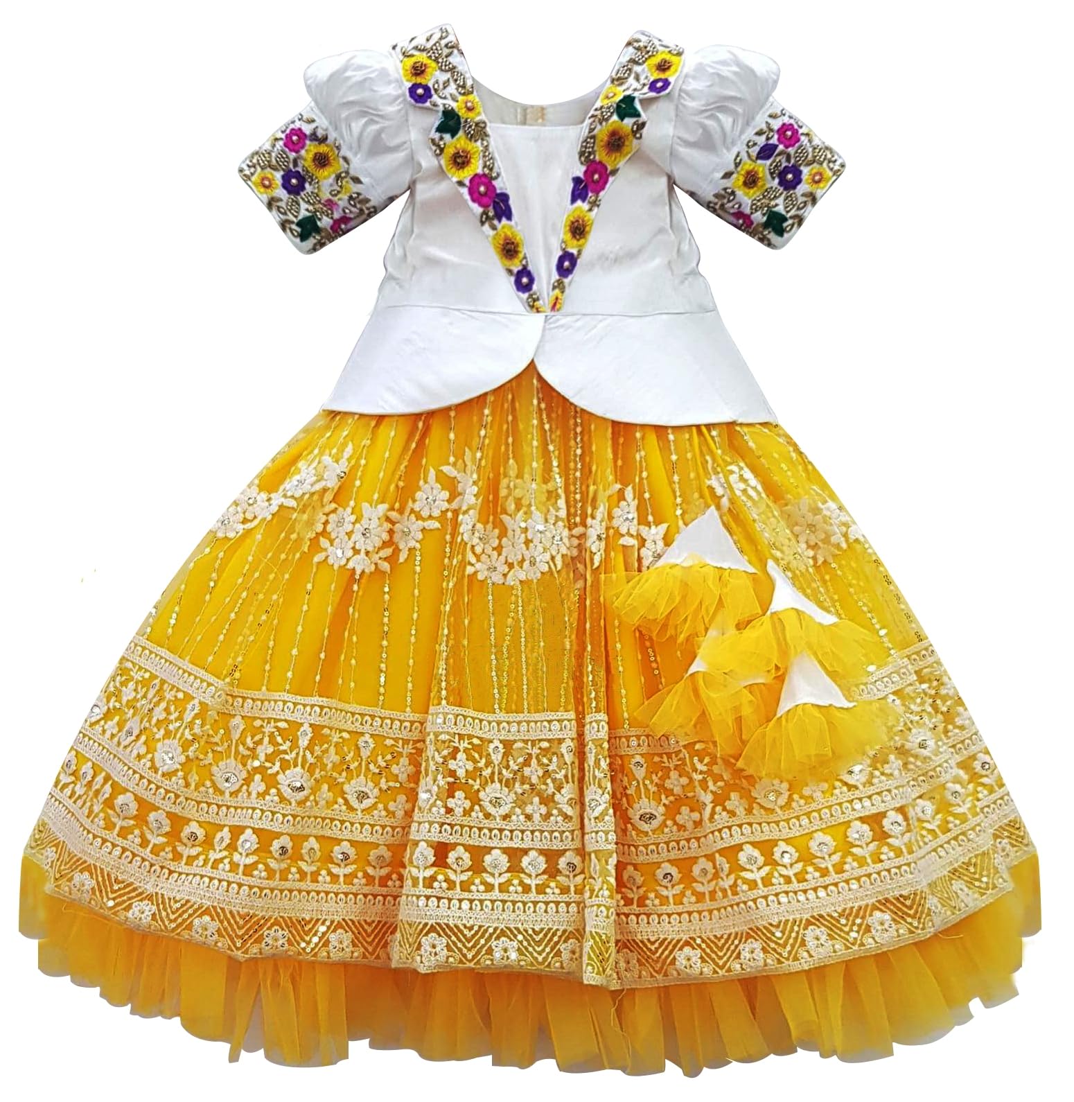 White Button Girl Net Readymade Lehenga Choli (Yellow Collar Net-9-10 Years, White_9 Years-10