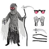 Child Unisex Grim Reaper Costume, Halloween Costume with Glowing Red Eyes for Kids Trick-or-Treating
