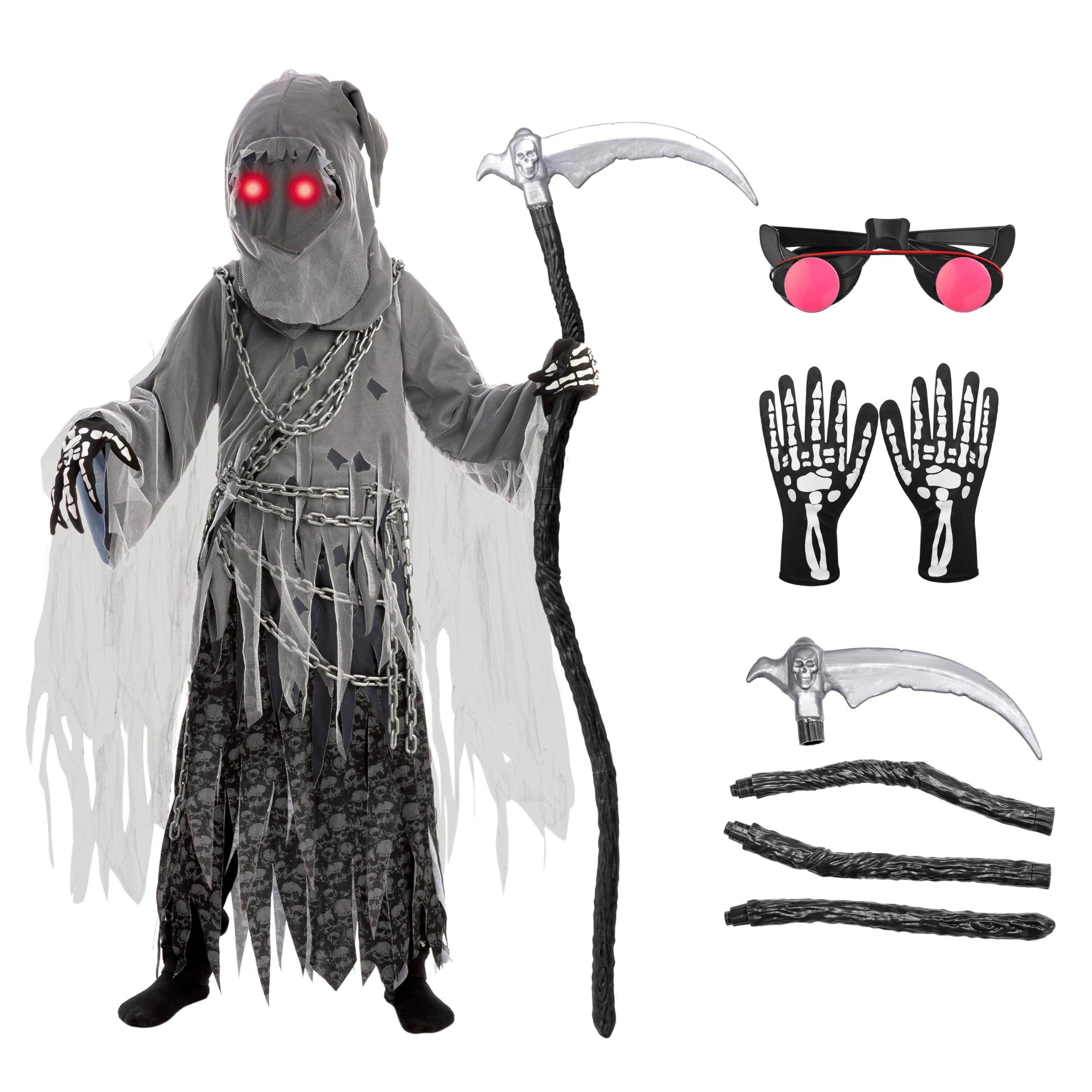Frasheng Grim Reaper-kostuum,Kinder Reaper-kostuumunisex kostuum Grim Reaper,Grim Reaper Scythe,Halloween-kostuumset met gloeiende ogen,hoogwaardige handschoenen,zeis,voor Halloween-decoratie,cosplay