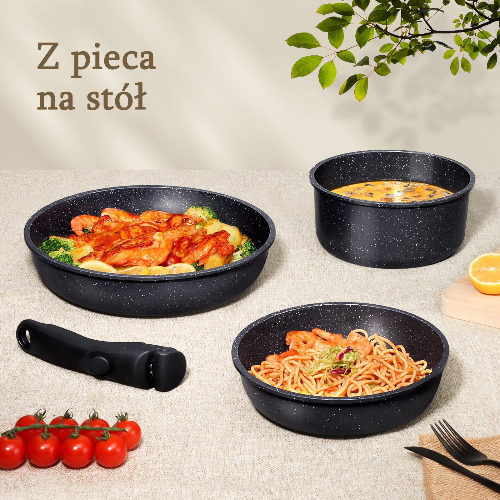 GiPP Zestaw 8 Sztuk Naczyń z Powłoką Nieprzywierającą, Aluminium, Czarny, Odłączany Uchwyt