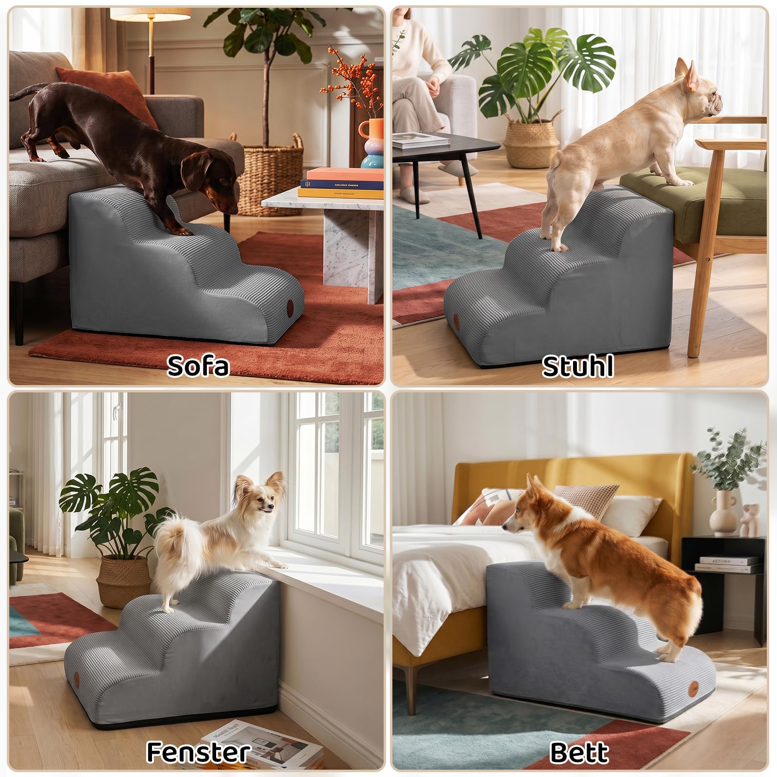X XBEN Escaliers pour Chiens Petits, Âgés et Blessés, Marches pour Animaux | Mousse Haute Densité 33D, Pente Douce, Housse Lavable, Adhérence, Antidérapant, pour Lit et Canapé, 4 Marches, 50 CM