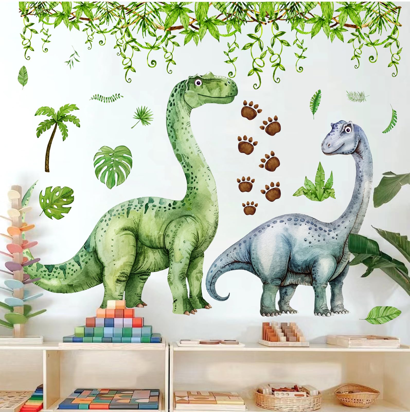 Yovkky Muursticker Kinderkamer Dinosaurus Aquarel Muursticker Grote Stickers voor Tropische Planten Cactus Palmbladeren Home Decor Keuken Jongens Meisjes
