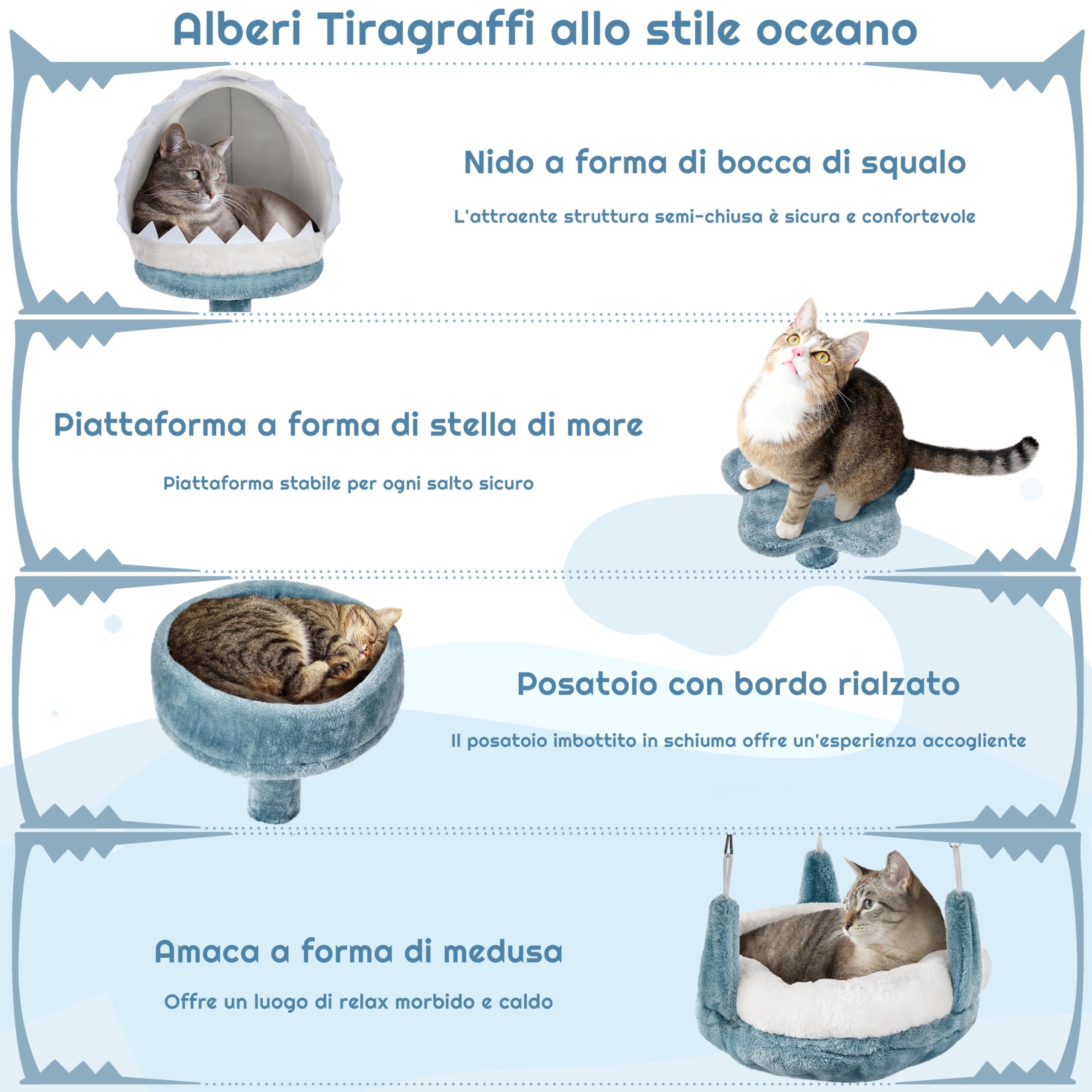 Yaheetech Albero Tiragraffi per Gatti 115 cm con 2 Posatoi Amaca Cuccia a Forma di Squalo Corda di Sisal Naturale Stile Oceano Gioco Blu Bianco