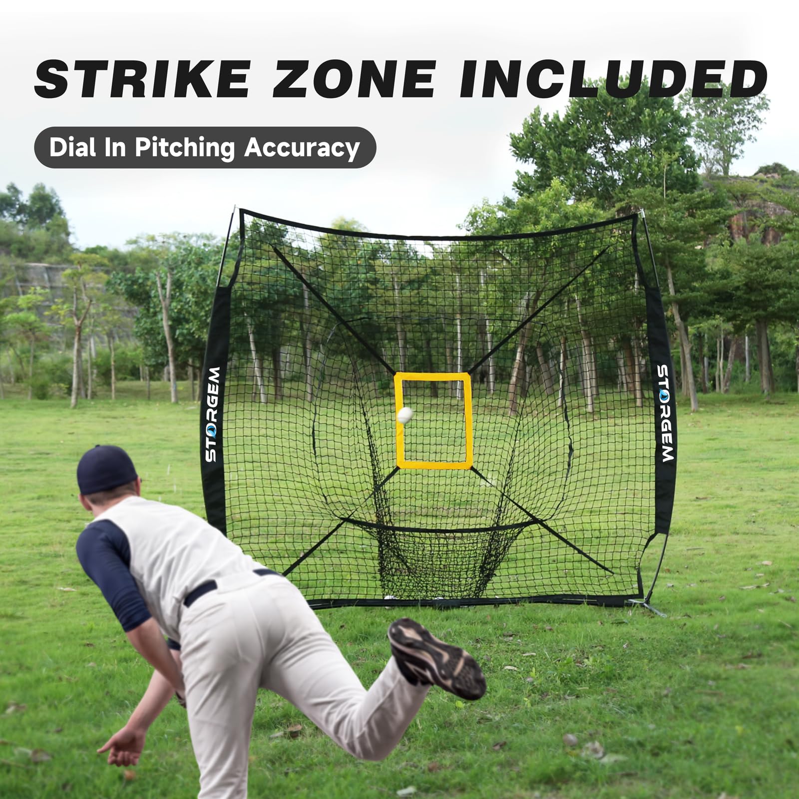 Storgem Red de práctica de béisbol y sóftbol de 7 x 7 pies, red de entrenamiento de bateo portátil con camiseta de bateo y zona de golpe y marco de arco