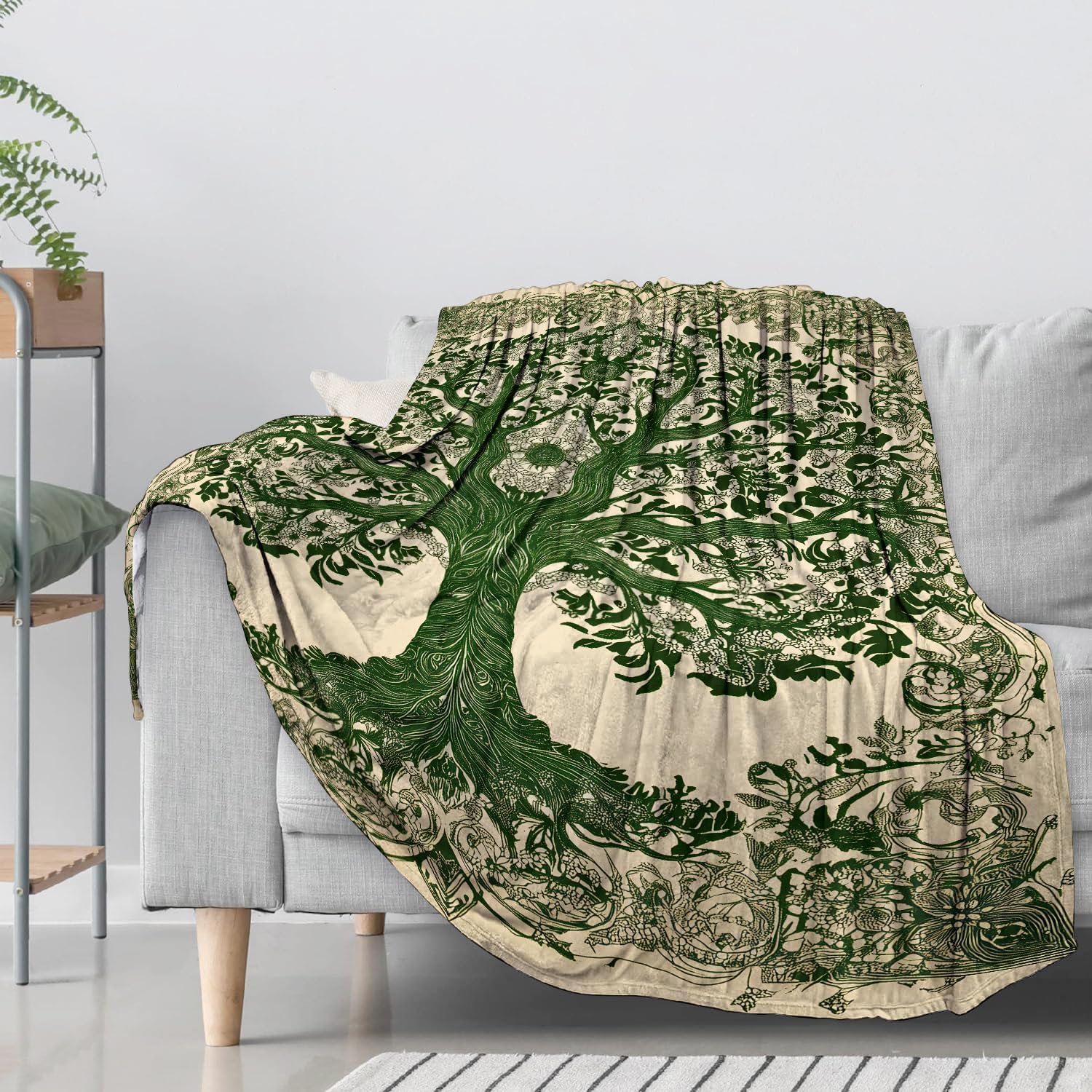 Tree of Life Flannel Throw Blanket 50x60 Inch, Green Botanical Design on Beige Background Blankets Soft Cozy Fleece Throws for Adults Bed Sofa Dorm Living Room Boho Home Decor Gifts - Image 3