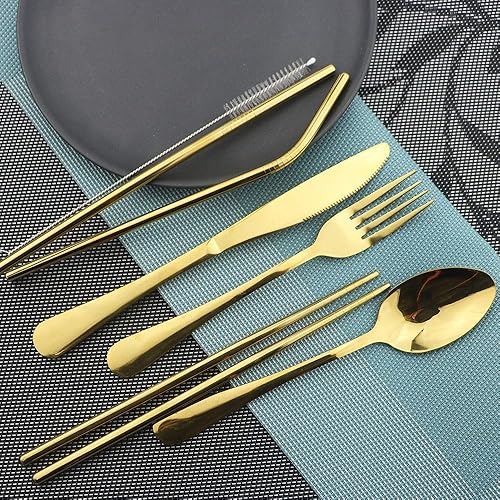 Miniatura 2 de JASHII Utensilios portátiles, juego de cubiertos de viaje y campamento, 8 piezas, incluyendo cuchillo, tenedor, cuchara, palillos, cepillo de