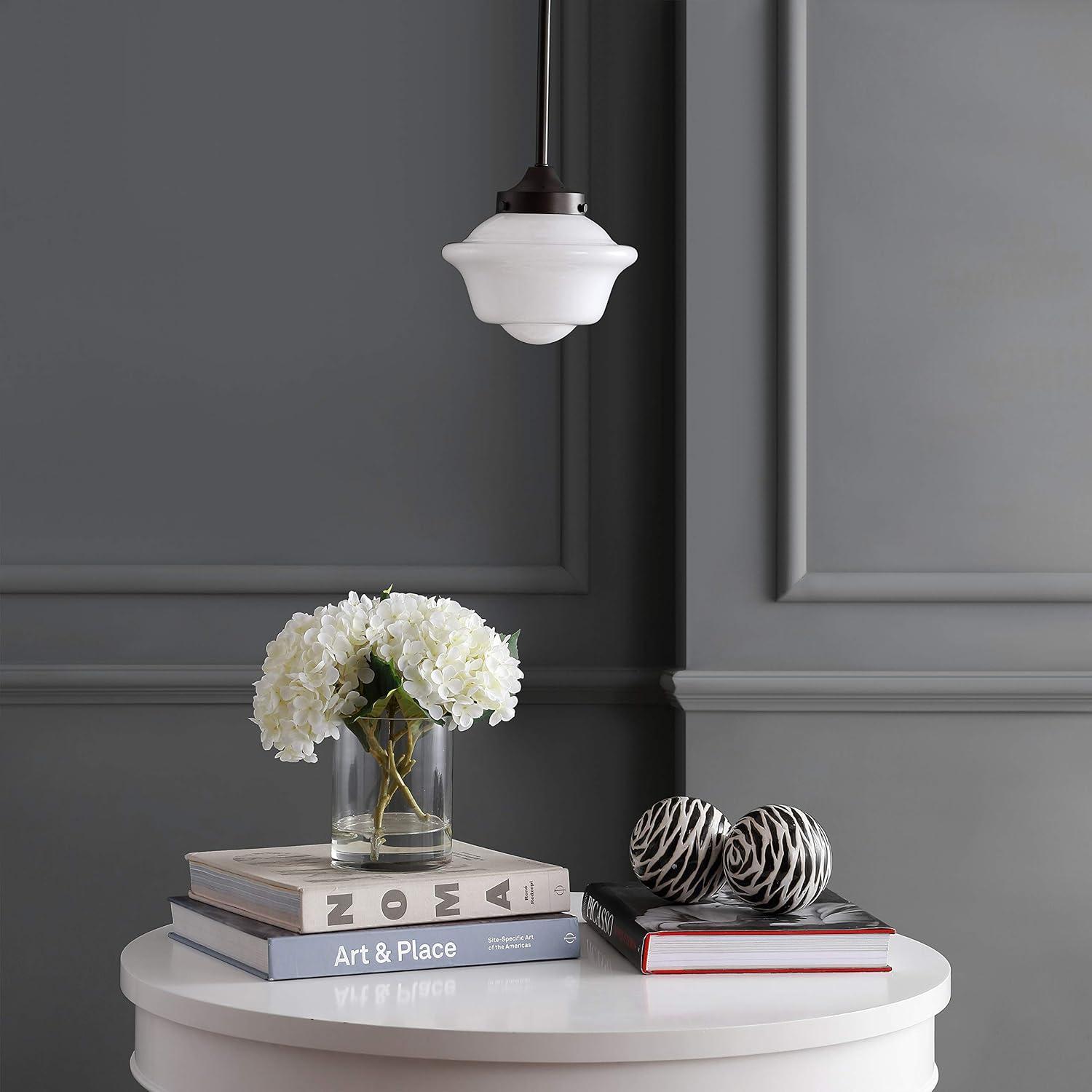 JONATHAN Y 7.25" Oil Rubbed Bronze Modern Schoolhouse LED Pendant Light Fixture, Adjustable Drop Metal Hanging Lamp with White Glass Shade for Kitchen Island, Dining Room, Foyer (JYL3516C)