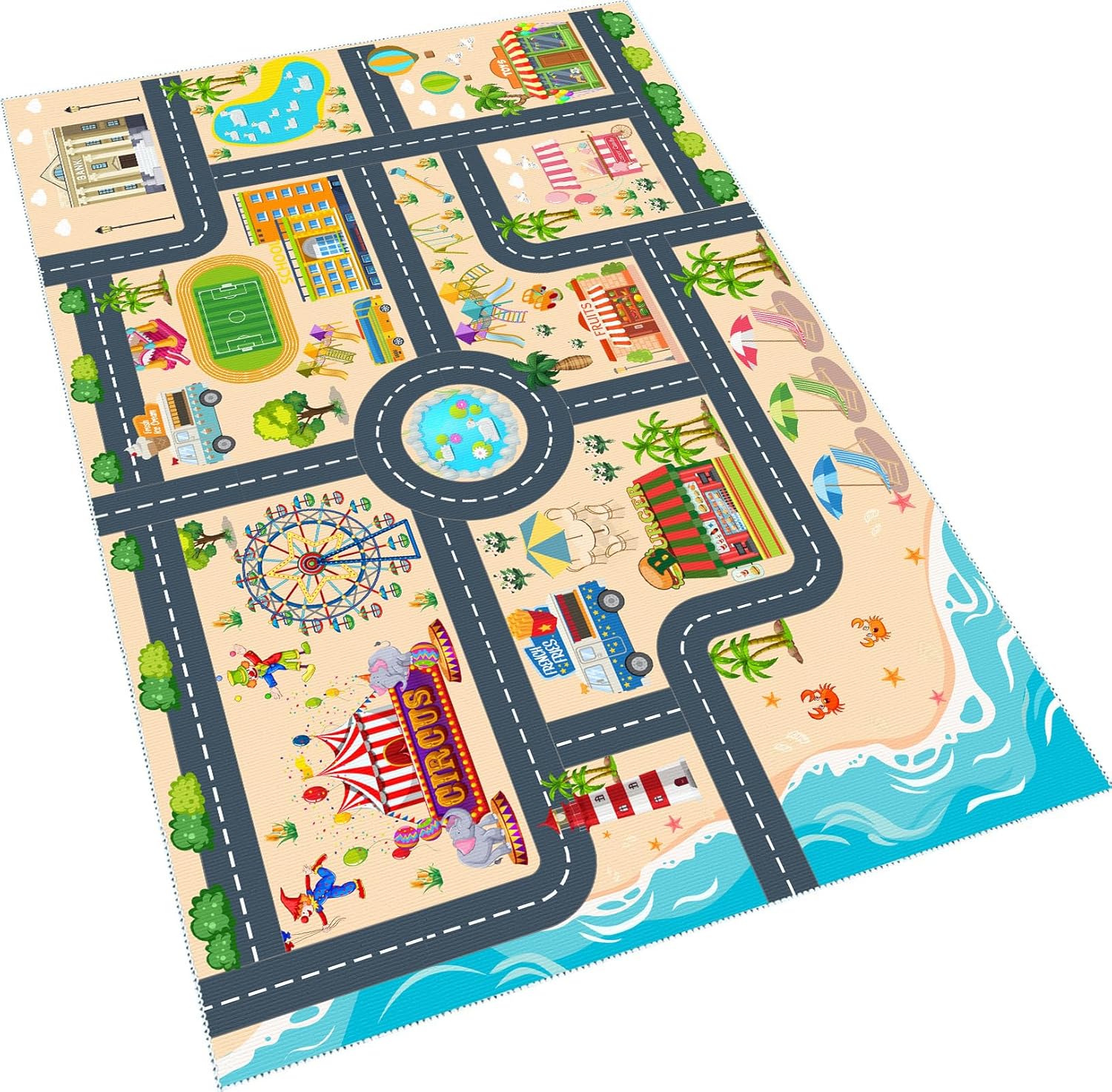 Kids Car Rug Playmat with Non-Slip Rubber Backing，Car City Life Road Carpet，Child Car Traffic Rugs ，Train Track Play Mat(80×120cm/32×47in)