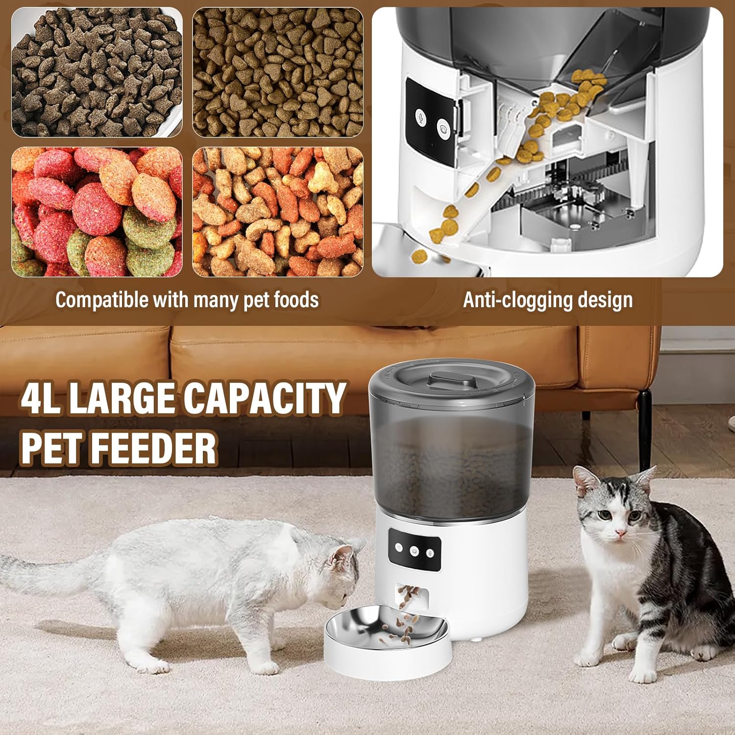 Distributore Automatico Cibo Gatti, 4L Dispenser Cibo Gatti con Timer, 2.4G WiFi Mangiatoia Automatica con Registrazione Vocale 10S e Ciotola in Acciaio Inox, 1-10 Pasti al Giorno - Immagine 4