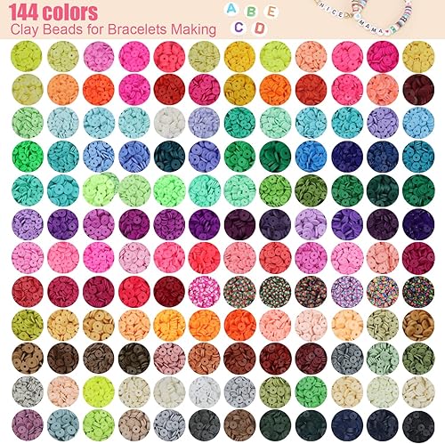 Miniatura 3 de YMSDZHL Kit de fabricación de pulseras de cuentas de arcilla de 19500 piezas, cuentas Heishi de polímero de 144 colores para fabricación de joyas,