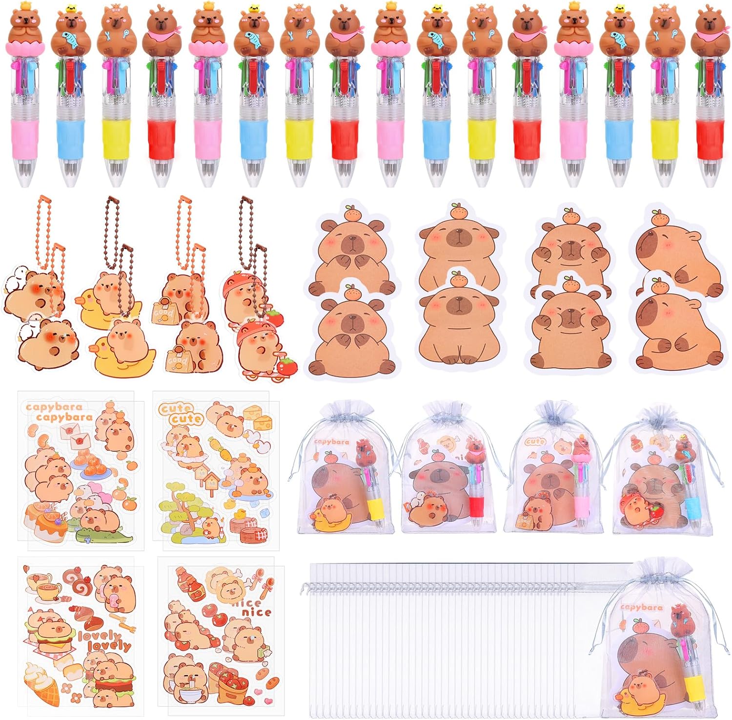 120 Pack Capybara Party Favors for Kids, Cute School Supplies Set with Pens, Stickers, Keychains & Gift Bags, Bulk Classroom Prizes, Birthday Party Goodie Bag Fillers