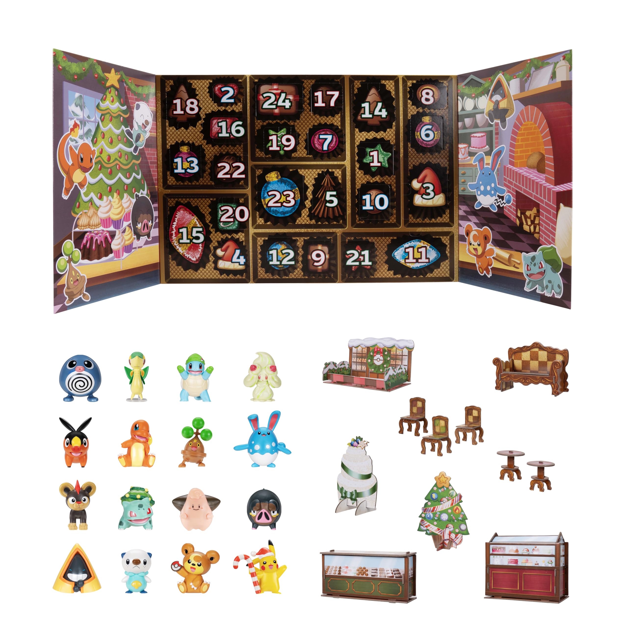 Pokémon Calendrier de l'avent Pokémon 2025 – Comprend 16 figurines de combat de 5 cm avec une finition spéciale et 8 accessoires uniques