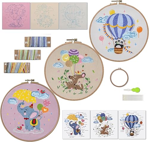 Ebherys Kit de bordado a mano de nivel 3 para adultos, no punto de cruz, 4 juegos por paquete, aguja, enhebrador de aguja, aros de madera, cuentas,