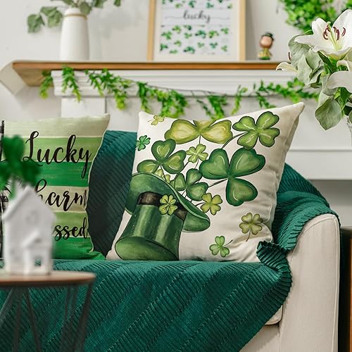 Miniatura 5 de AVOIN colorlife Happy ST Patricks Day - Juego de 4 fundas de almohada con diseño de trébol y sombrero bendecido con diseño de tréboles, 18 x 18