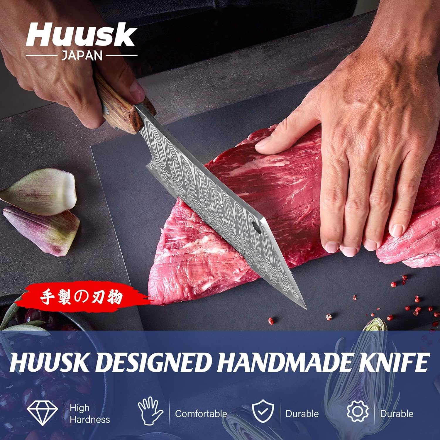 Huusk Japan Knife, Hand Forged Meat Cleaver Knife Japanese Kitchen Knife with Sheath, Paring Knife Set 2PCS - Razor Sharp with Ergonomic