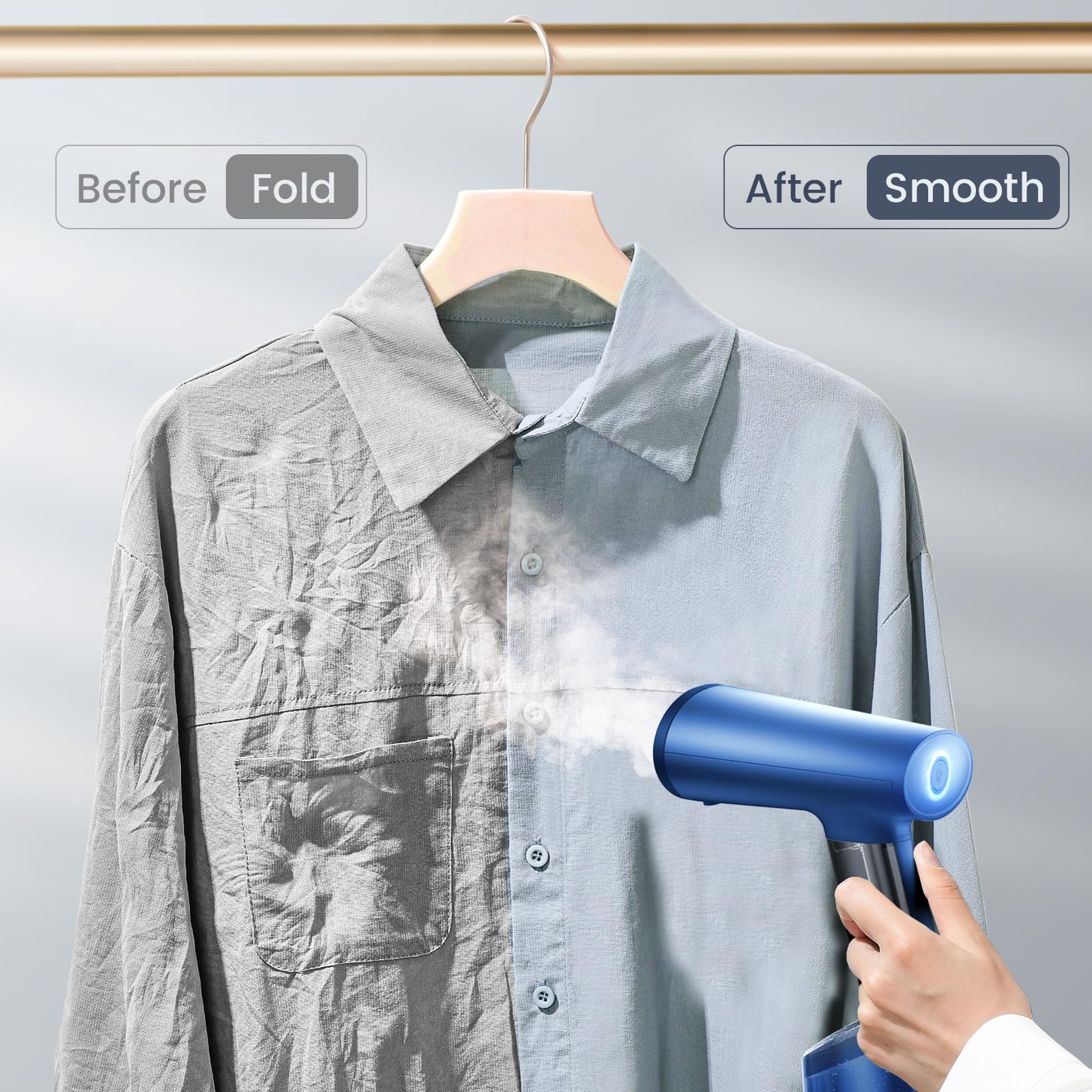 FMK Vapeur à vapeur portable pour vêtements de voyage, tête de vapeur métallique, temps de chauffage de 20 secondes, système de pompe, mini taille, vapeur à main pour tous les tissus, pas, bleu