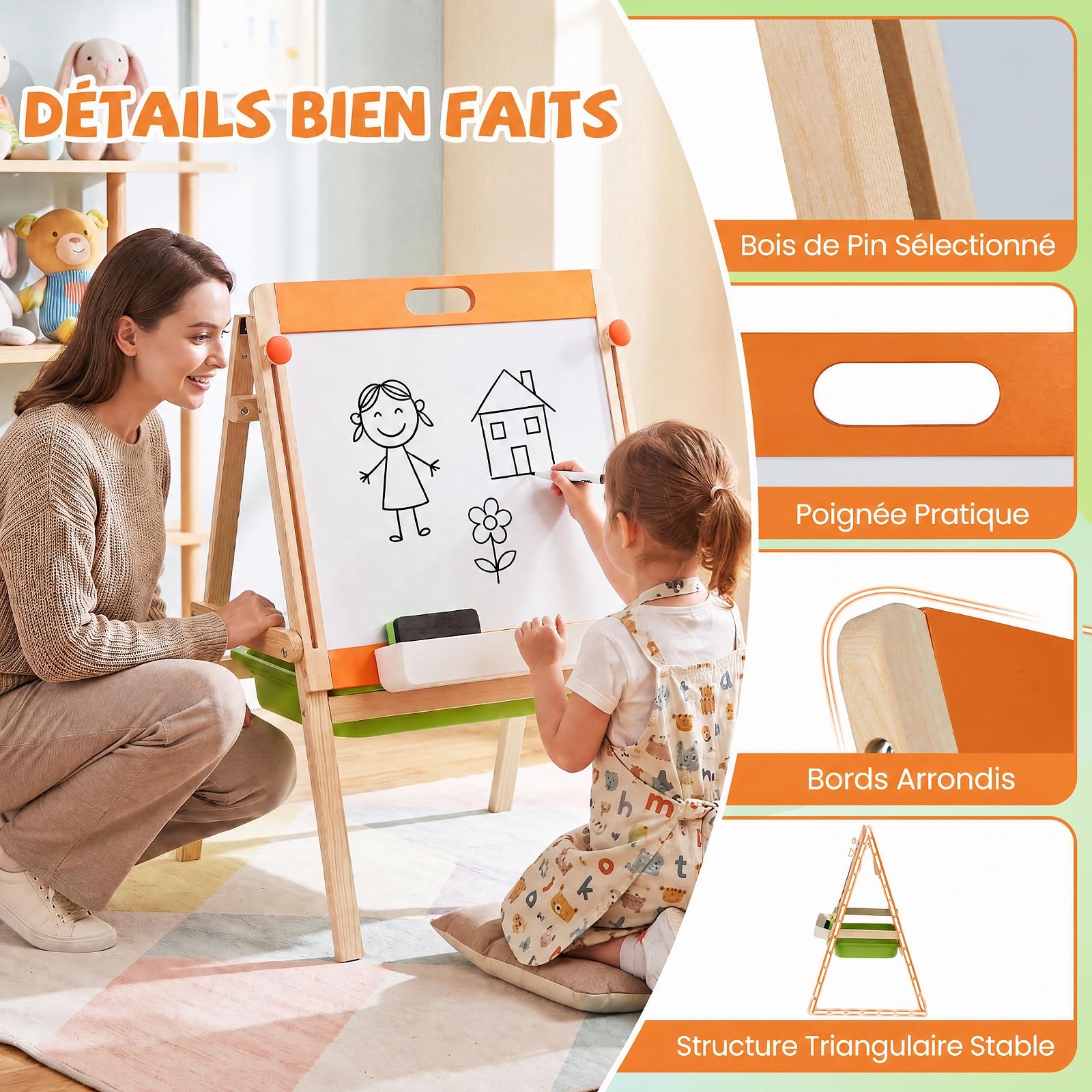 COSTWAY Tableau Enfant Double Face Pliable en Bois avec Hauteur Réglable