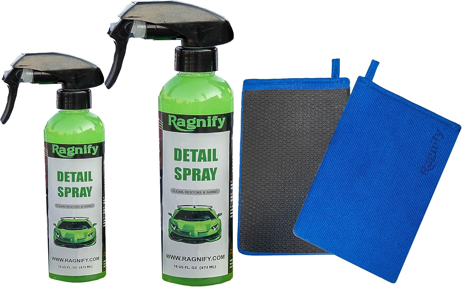 Ragnify- 2 Mesh Clay Mitt with Detailing Spray 16oz, Quick Waterless Detailer for Shine, Car Wax for Clay Bar, Gloss & Depth to Paint, Quick Detailer Kit (2x8 Oz Spray Bottles & 2 Mitts)