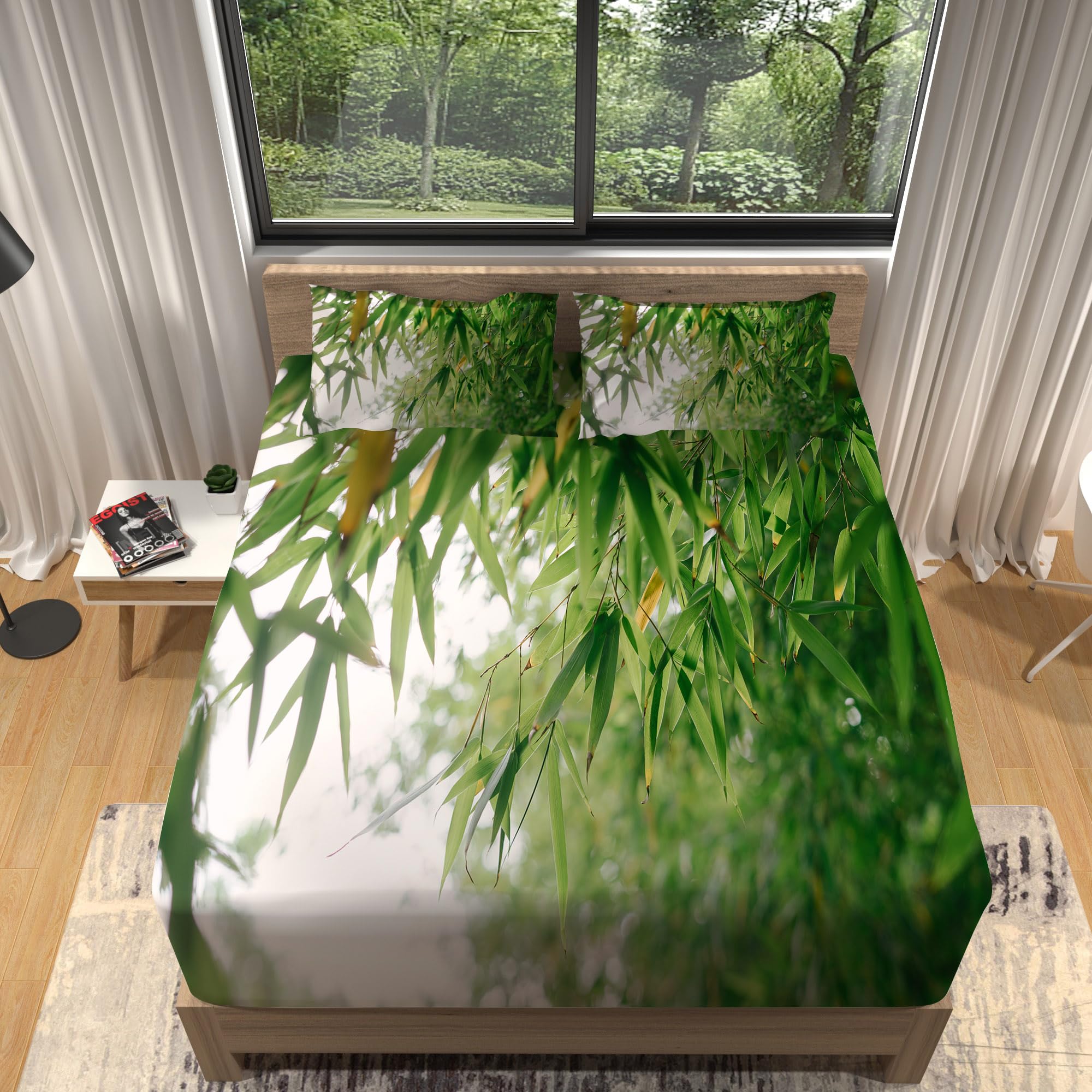 Sabanas Bajeras 150X200Cm Hojas De Bambú Verde Juego De Sábanas De 3 Piezas,Microfibra Cepillada Transpirable,Sábanas Bajera Ajustable,2 Funda De Almohada 50X75Cm,Hipoalergias