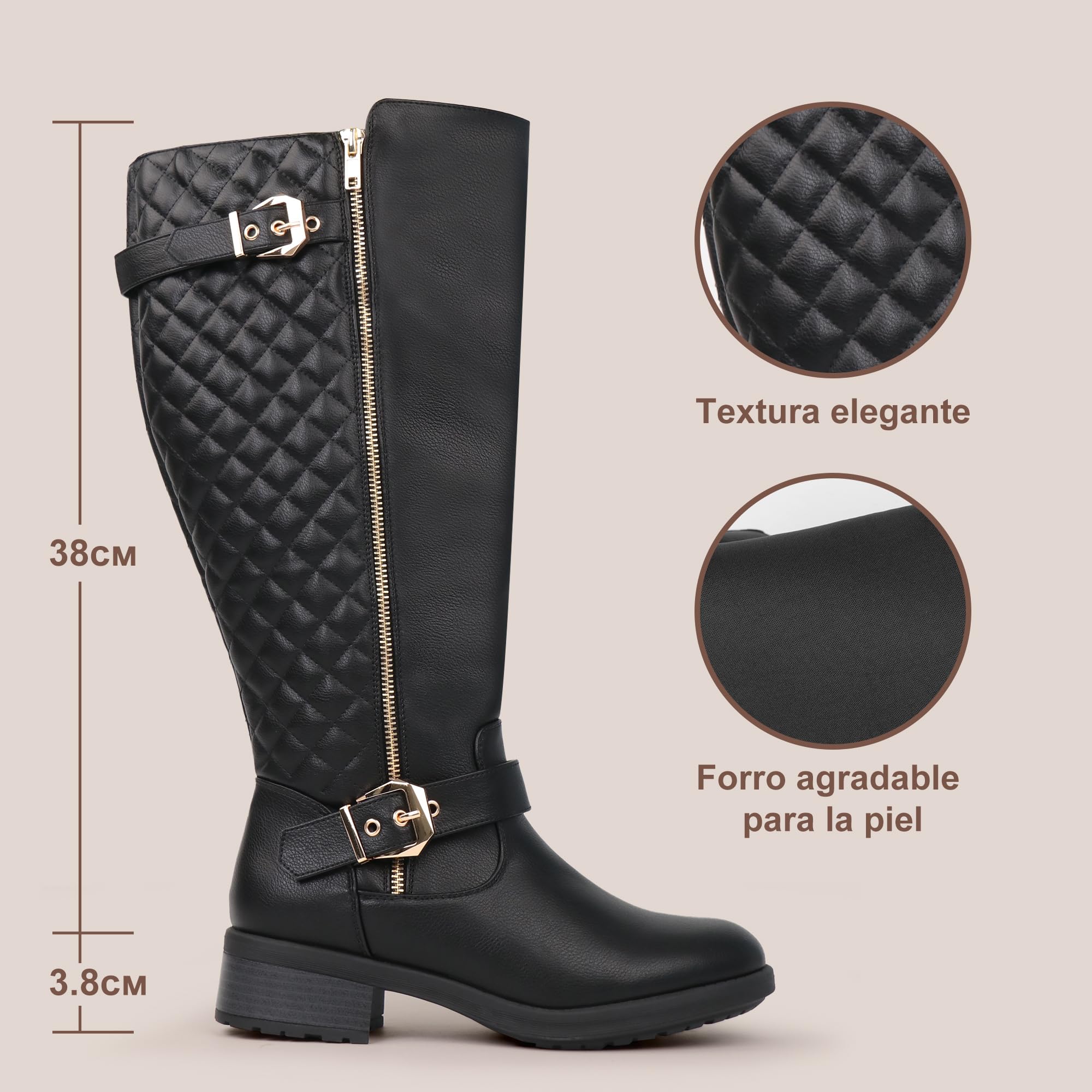 Botas de montar hasta la rodilla extra anchas para mujer, estilo retro, con doble hebilla, estilo chic, para otoño