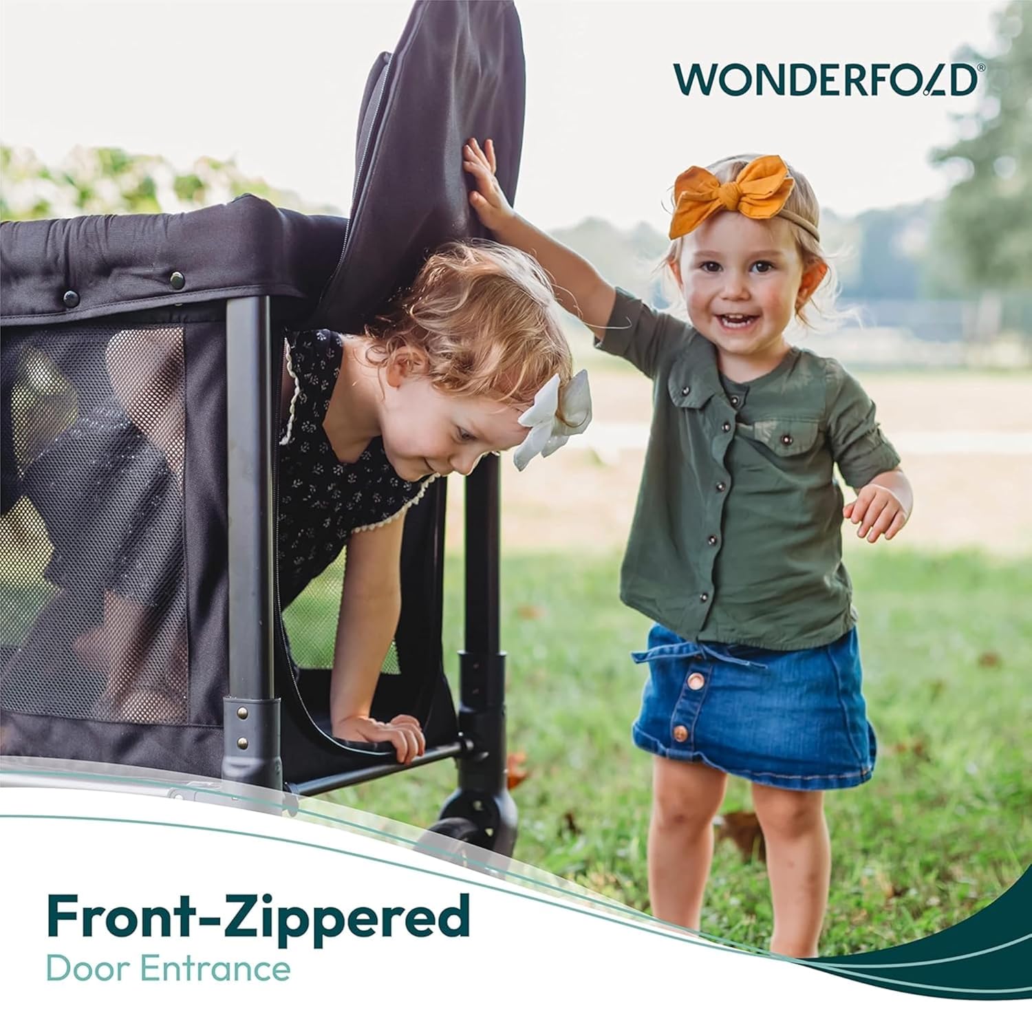 WONDERFOLD W2 Original+ Stroller Wagon (2 Seater) - Collapsible Wagon Stroller with Seats with 5-Point Harnesses, Easy-Access Door, and Adjustable Sun Canopy, Charcoal Gray