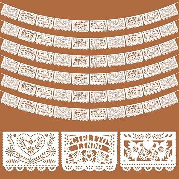 TaoBary 6 Pcs Papel Picado Mexican Wedding Cielito Lindo Party Decor 118 Feet Dia De Los Muertos Decor Banner for Altar Mexican Wedding BirthdayWhite,Cielito Lindo
