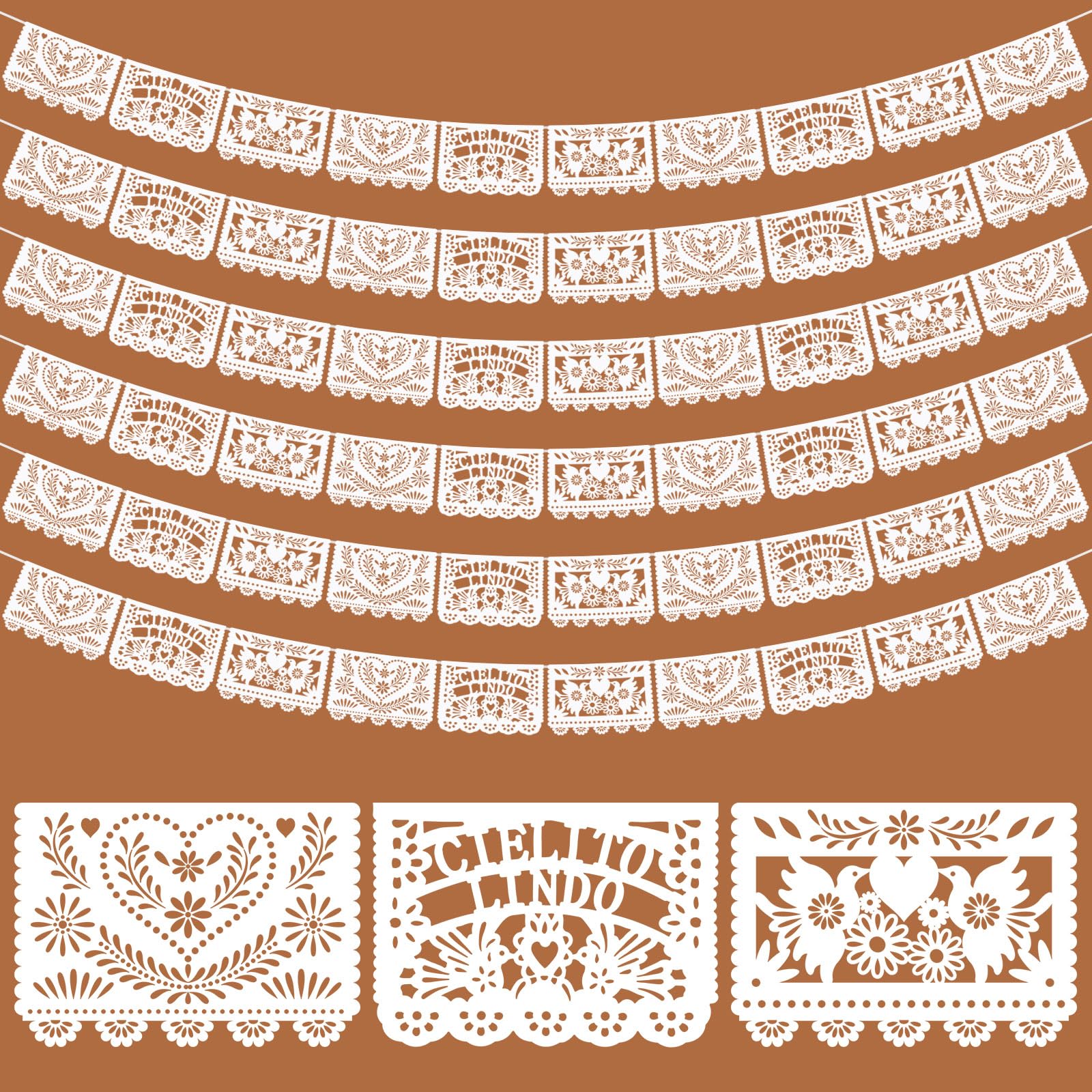 TaoBary 6pcs Mexican Papel Picado Banner 118ft, White, Cielito Lindo