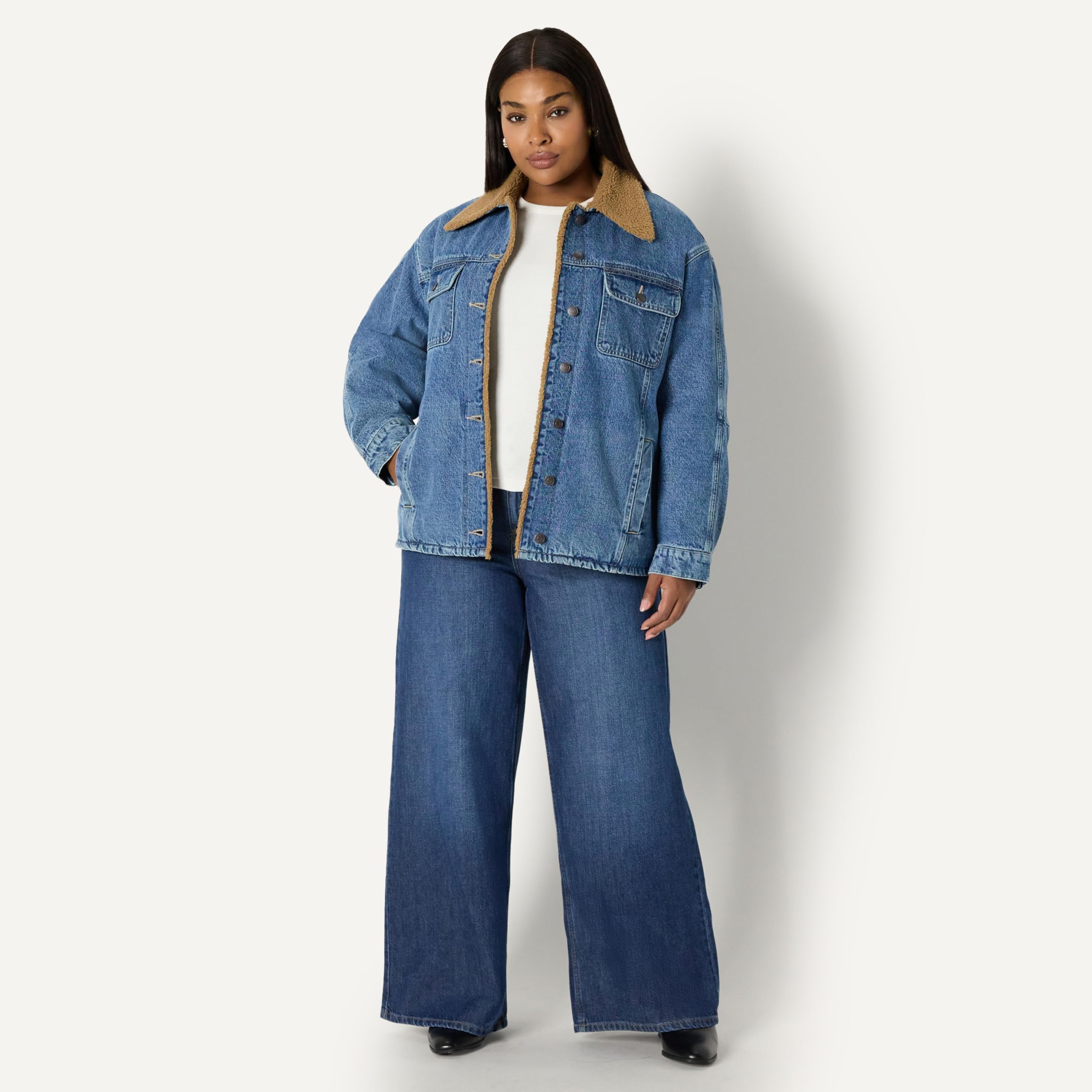 Amazon Essentials Mujer Chaqueta Vaquera con Forro de Vellón Sintético de Corte Extragrande