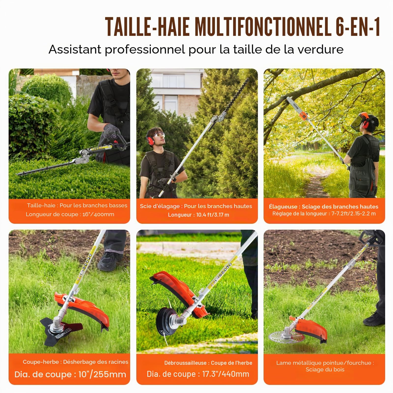 VEVOR Taille-haie à gaz 33 CC 6 en 1, Outils de Coupe Multifonctionnel, Moteur Deux Temps, scie à Perche, tronçonneuse avec rallonge