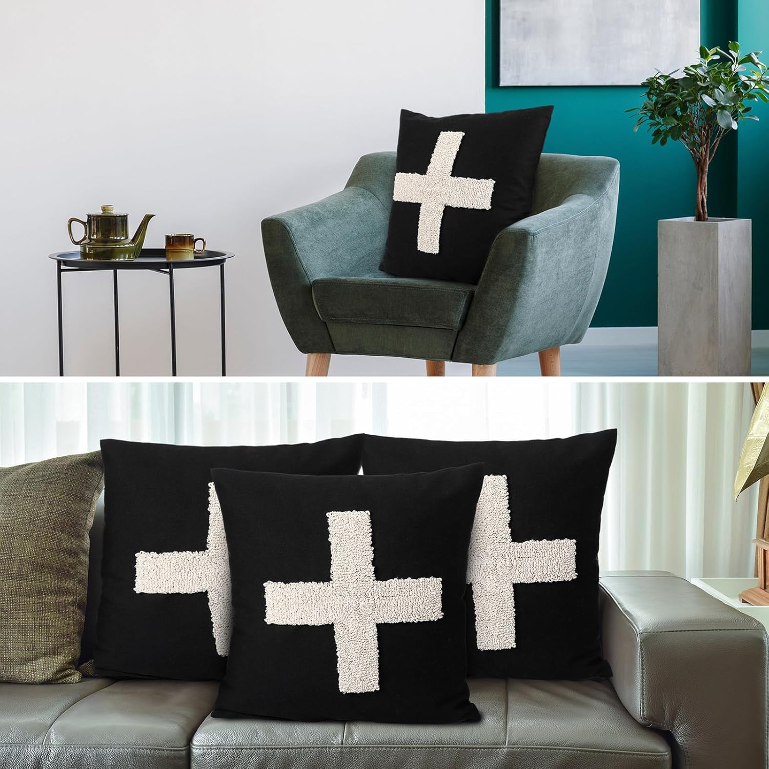 Suzile 2 Pcs Black Pillows with Swiss Cross Throw Pillows Plus Crosses Decorative Cushion for Couch Home Office Decor, 18 x 18 Inches