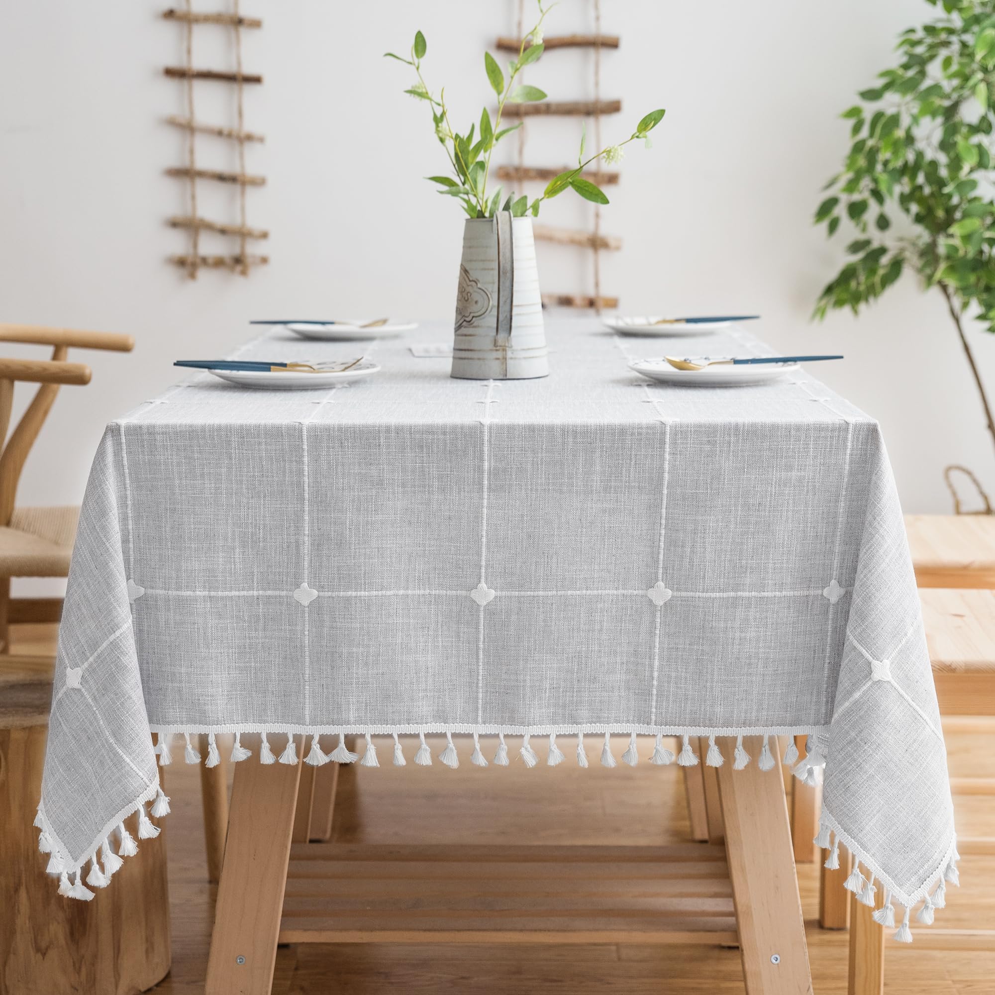Oubonun Tablecloths for Rectangle Tables, Cotton Linen Waterproof Farmhouse Table Cloth with Boho Tassels – Wrinkle Free, Wipeable & Washable for Kitchen & Dining, 55''x70'', 4-6 Seats, Grey