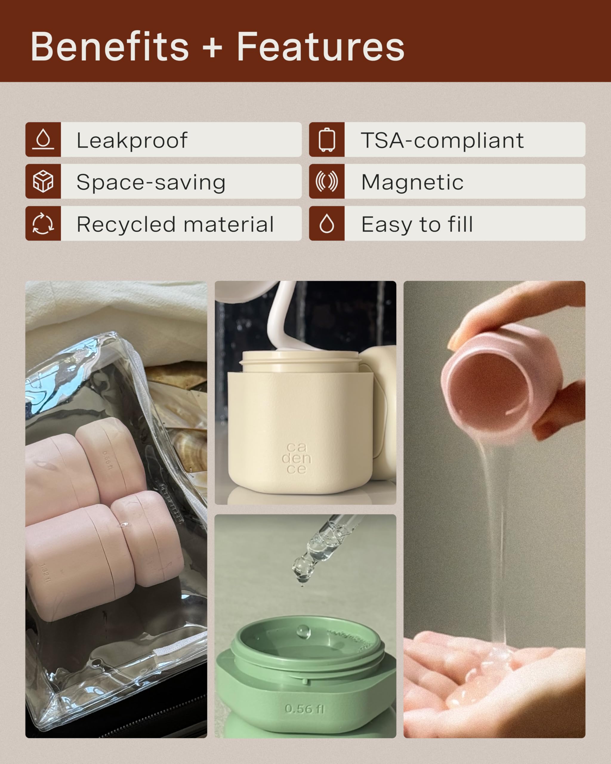 Cadence Travel Containers - Core Skincare Set - Magnetic Travel Capsules - 2 Small (0.56oz) & 3 Medium Capsules (1.32oz) with Cleanser, Moisturizer, Serum, Makeup Remover & Sun-Icon Label - Evergreen