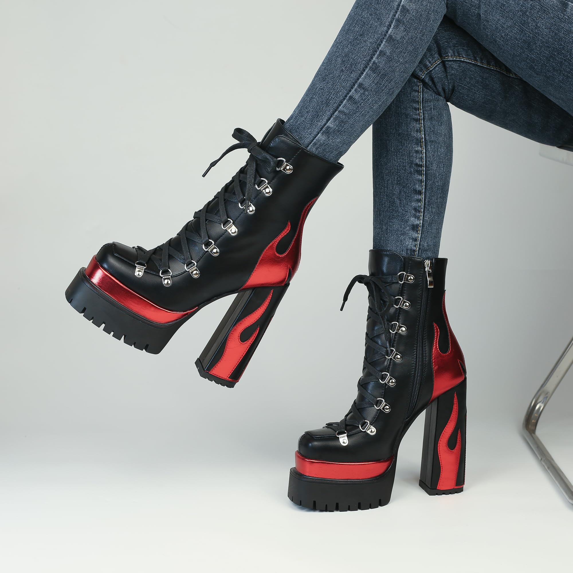 HiColor women’s silver flames printing high-heeled thick-heeled round-headed lace-up boots side zipper shoes: 7 Black-red