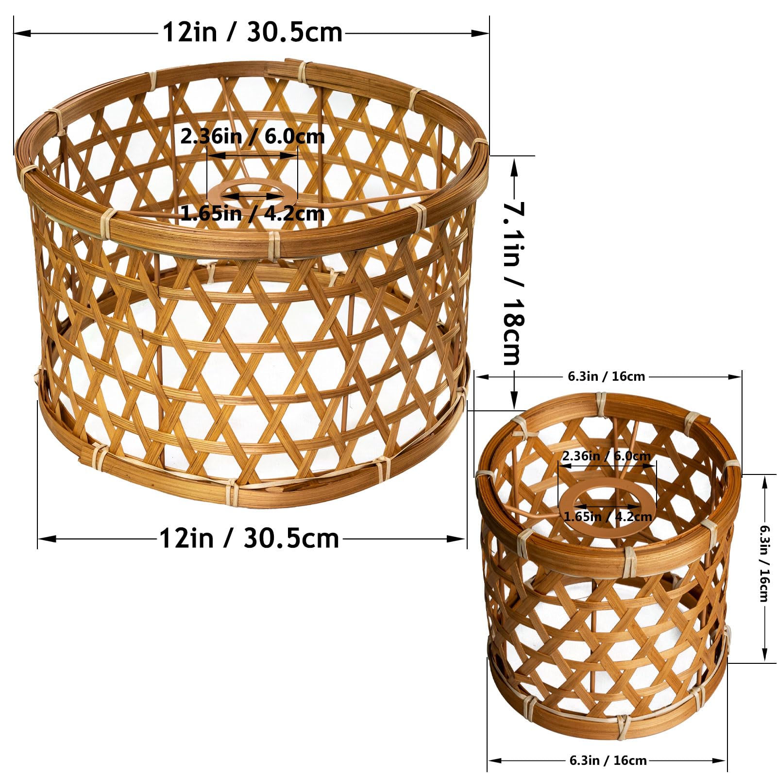Set di paralumi in bambù, cilindrici, 30 cm e 16 cm, effetto rattan, per lampade da terra (2, caffè bohémien