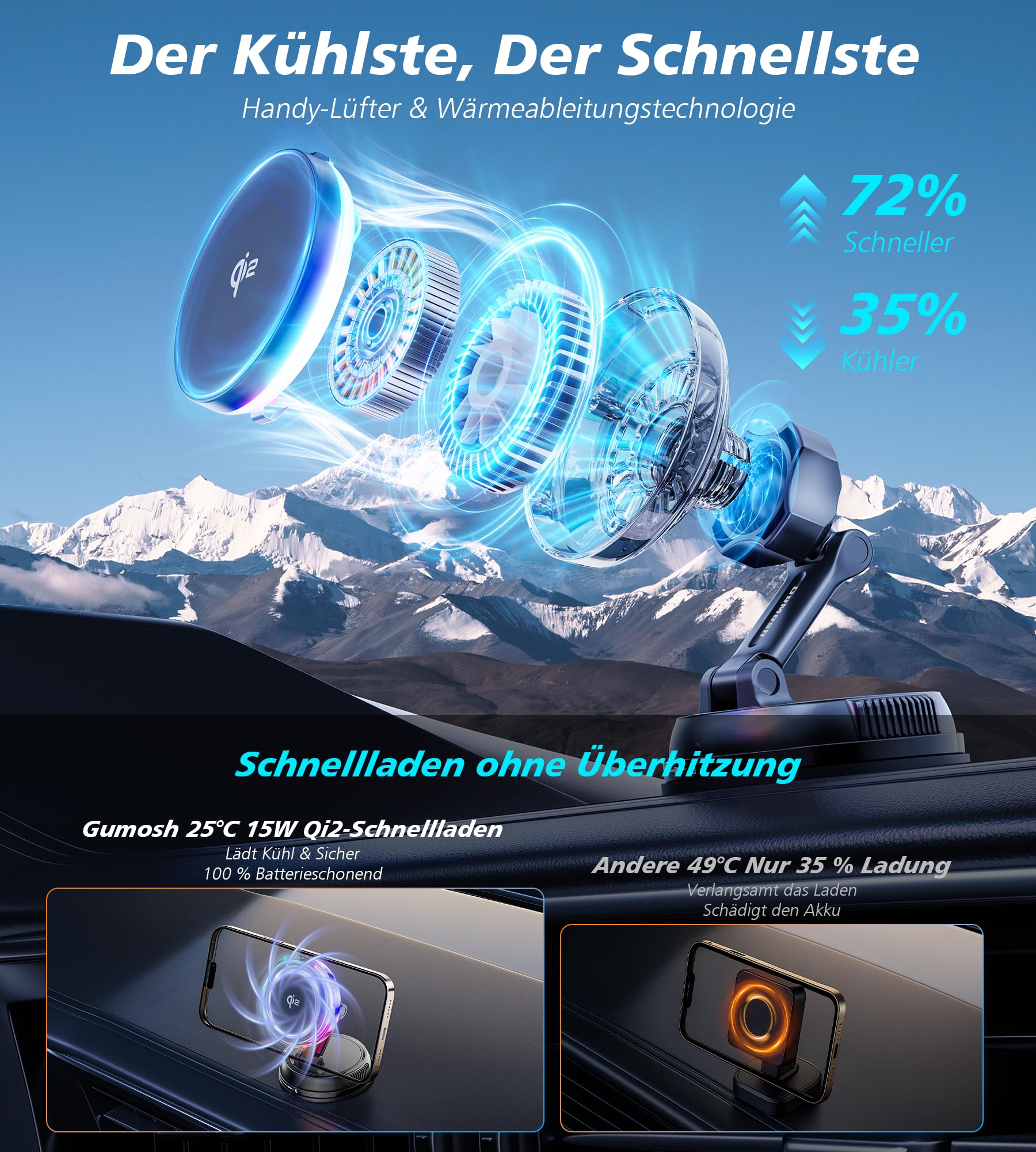 für 15W MagSafe Autohalterung Ladegerät mit Kühlventilator, [Schnellladen Handykühlung RGB Beleuchtung] 78+ lbs Starke Saugkraft Magnet Kabelloses Handyhalterung Auto,für iPhone 17/16/15/14/13/12