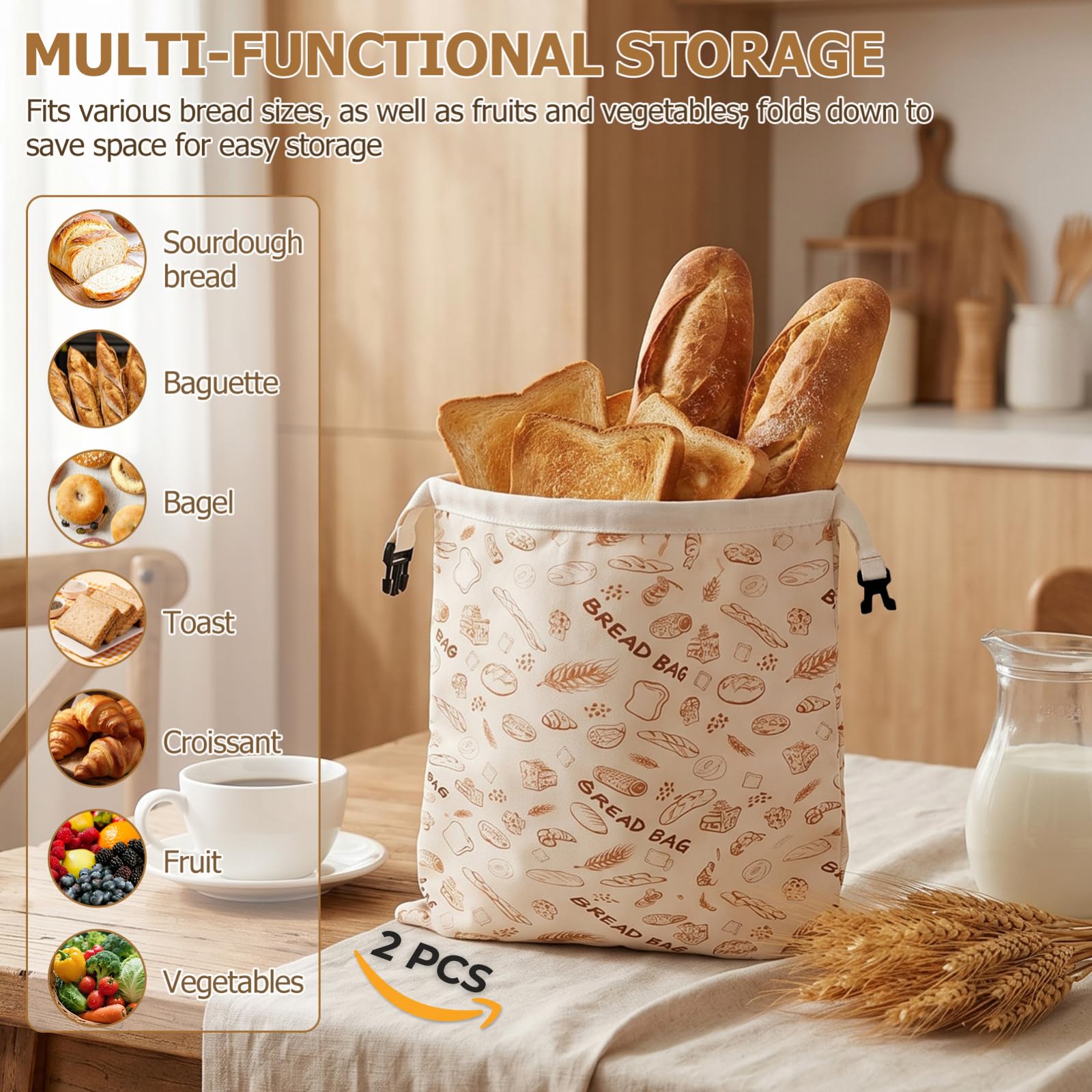 2er Set Reißverschluss & Wiederverwendbare Bienenwachs Brotbeutel – 33x43cm, Baumwolle Aufbewahrungsbeutel für selbstgebackenes Brot, Sauerteigbrot & Backwaren – Kühlschrank & Gefrierfach geeignet
