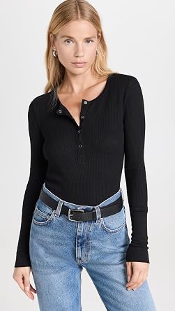 Splendid Women's Thermal Forever Henley Top, Black, L