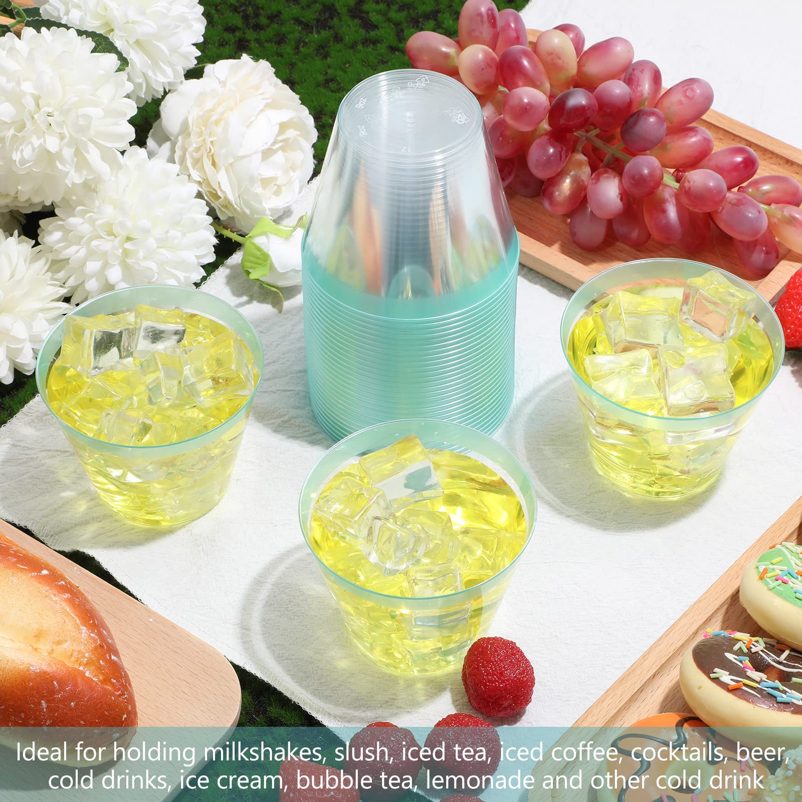 Lounsweer 100 vasos de plástico con borde de 9 onzas, vasos transparentes de boda, vasos de vino desechables resistentes de plástico para cóctel, vasos de plástico transparente para cumpleaños,