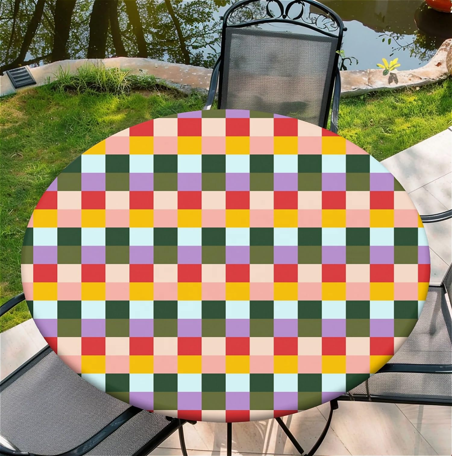 ARTSGOO Round Fitted Tablecloth with Elastic Edge Design Waterproof Outdoor Fitted Table Cover Wipeable Table Cloth for 36" Round Tables - Colorful Plaid