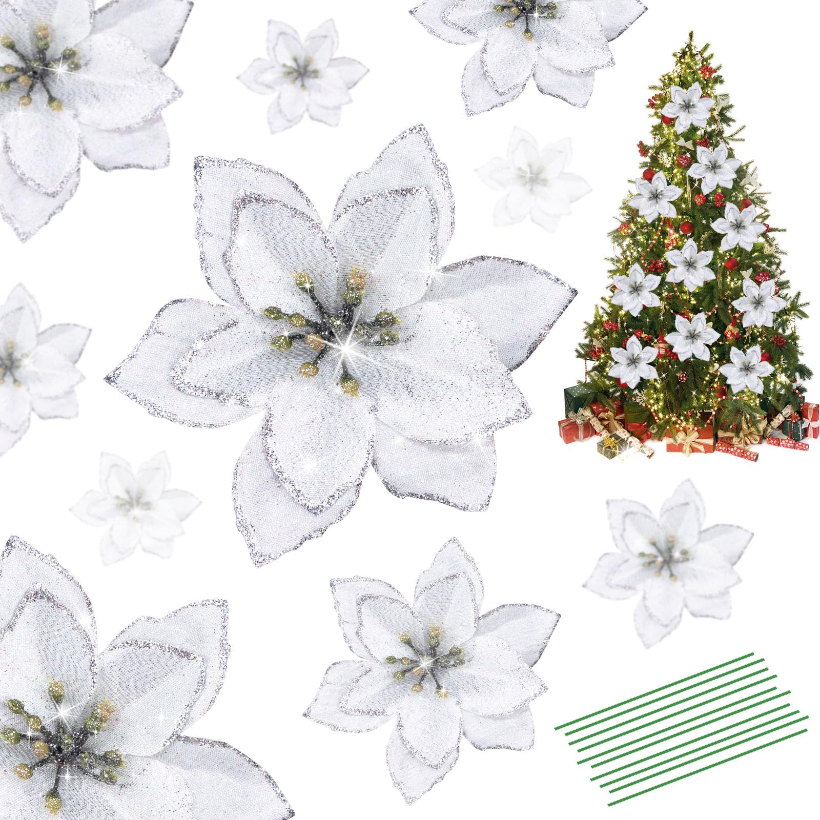 Yueshop 10pcs Christmas Glitter Poinsettia Flowers Ornament Christmas Tree Wreath Decoration Artificial Wreath Flowers for Xmas Tree Ornaments Decor (Silver) - Image 2