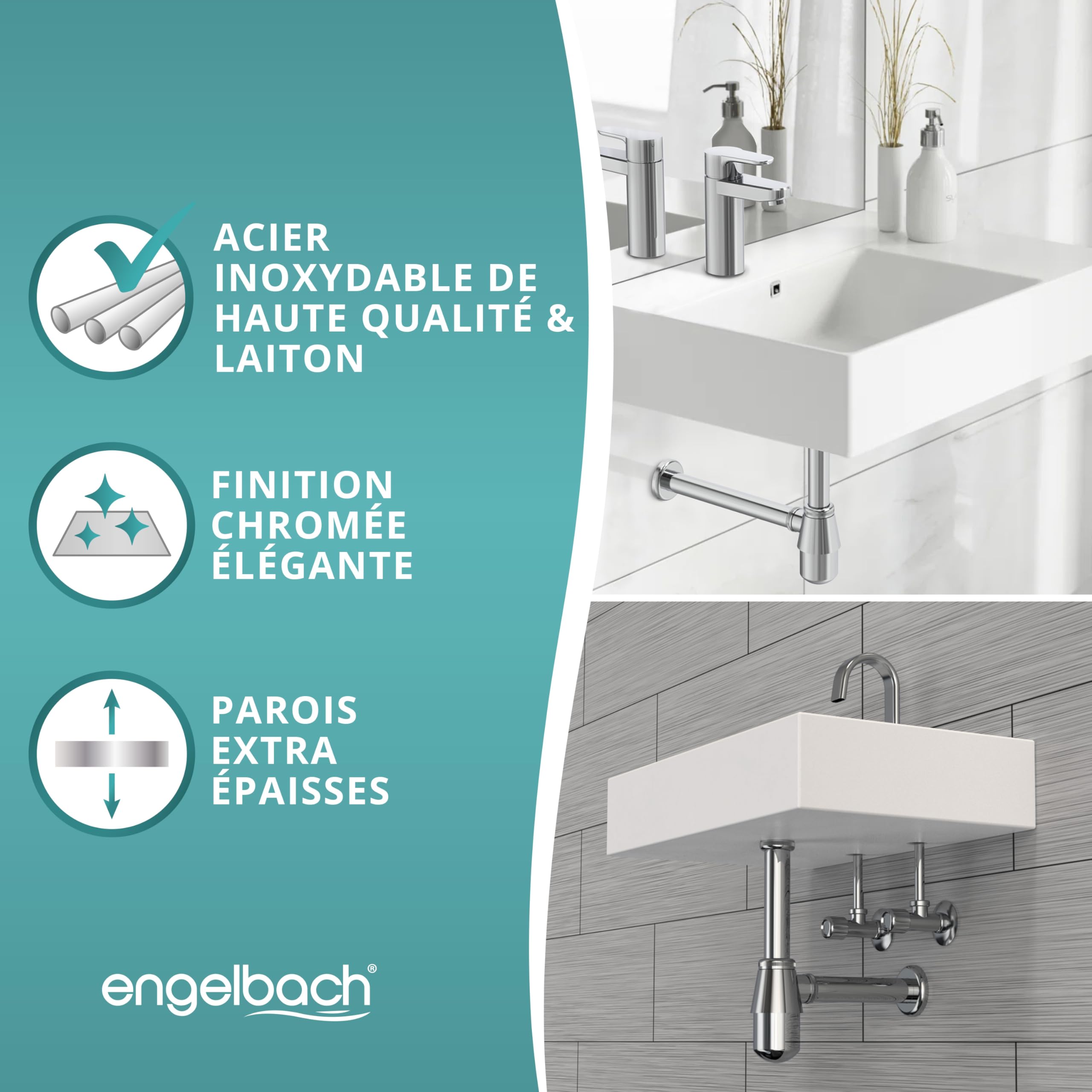 Engelbach® Siphon lavabo 1 1/4" avec ouverture nettoyage - Tube évacuation universel salle de bain avec joint caoutchouc et guide d’installation