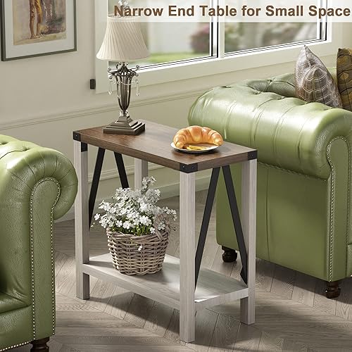 Miniatura 19 de ChooChoo Juego de 2 mesas auxiliares de granja, mesa auxiliar estrecha con estante de almacenamiento, mesita de noche rústica con diseño A para sala
