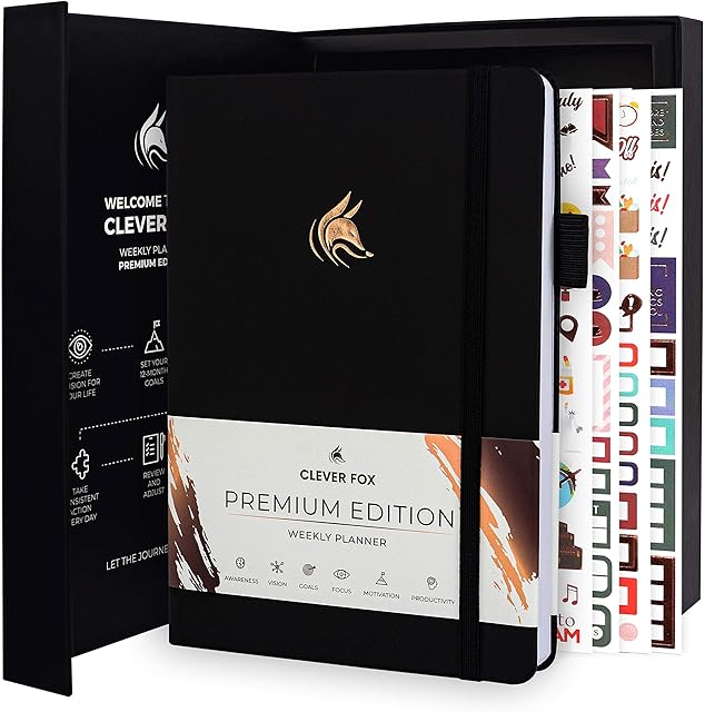 Clever Fox Planner Premium Edition  Luxurious Weekly & Monthly Planner to Increase Productivity and Hit Your Goals  Organizer  Undated, Start Anytime, A5, Lasts 1 Year, Black (Weekly)