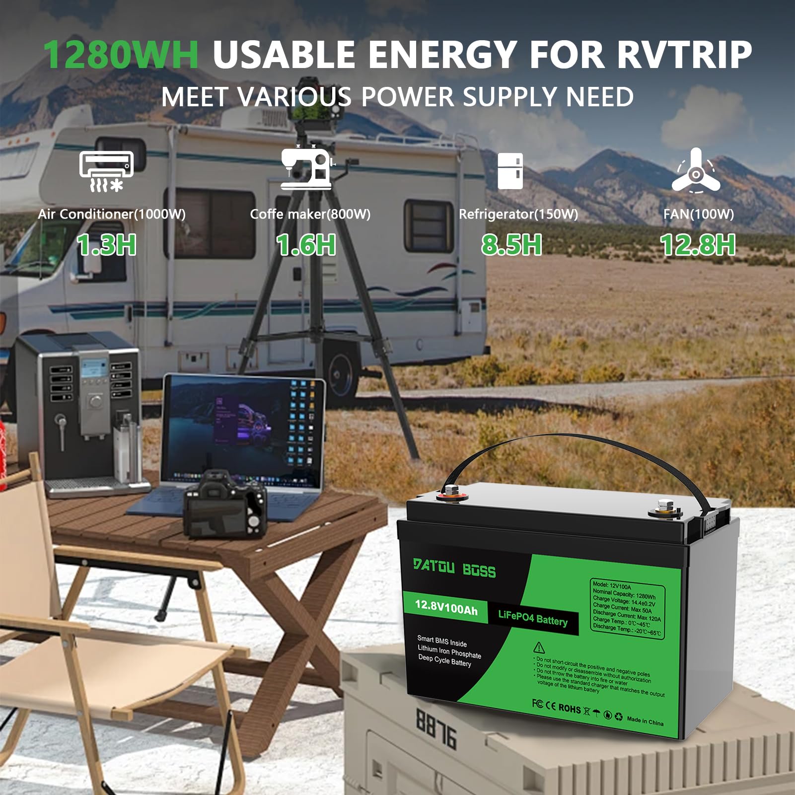 DATOUBOSS 2 * Batteria al Litio 12V 100Ah LiFePO4, BMS 100A Incorporato, Fino a 15.000 Cicli Profondi, Uscita Massima 1280Wh, Supporto Collegamento in Serie/Parallelo, per Camper, Sistema Solare