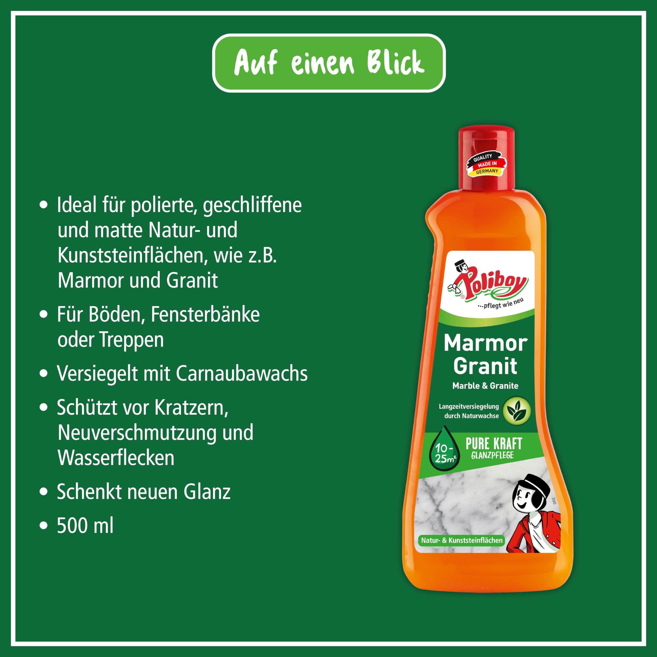 POLIBOY Marmor Granit Pflege - Imprägnierendes Pflegemittel für Naturstein - Glanzpolitur mit Schutzwirkung - 10x 500 ml - Made in Germany